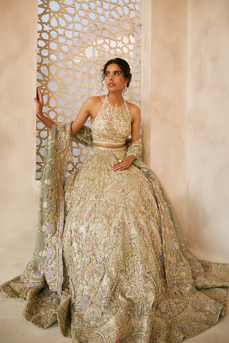 Pakistani Ivory Sage Green Embroidered Organza Net Lehenga (3-Piece) - Image 12