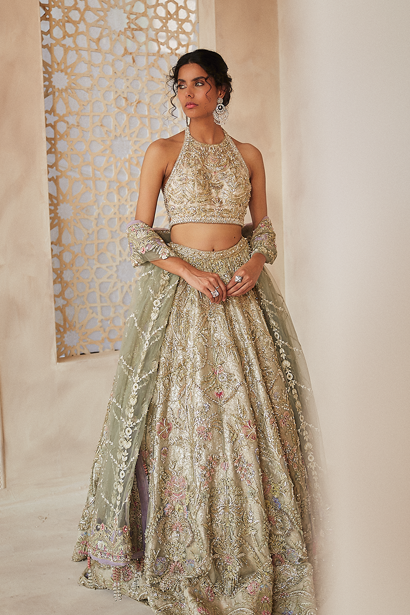 Pakistani Ivory Sage Green Embroidered Organza Net Lehenga (3-Piece) - Image 14