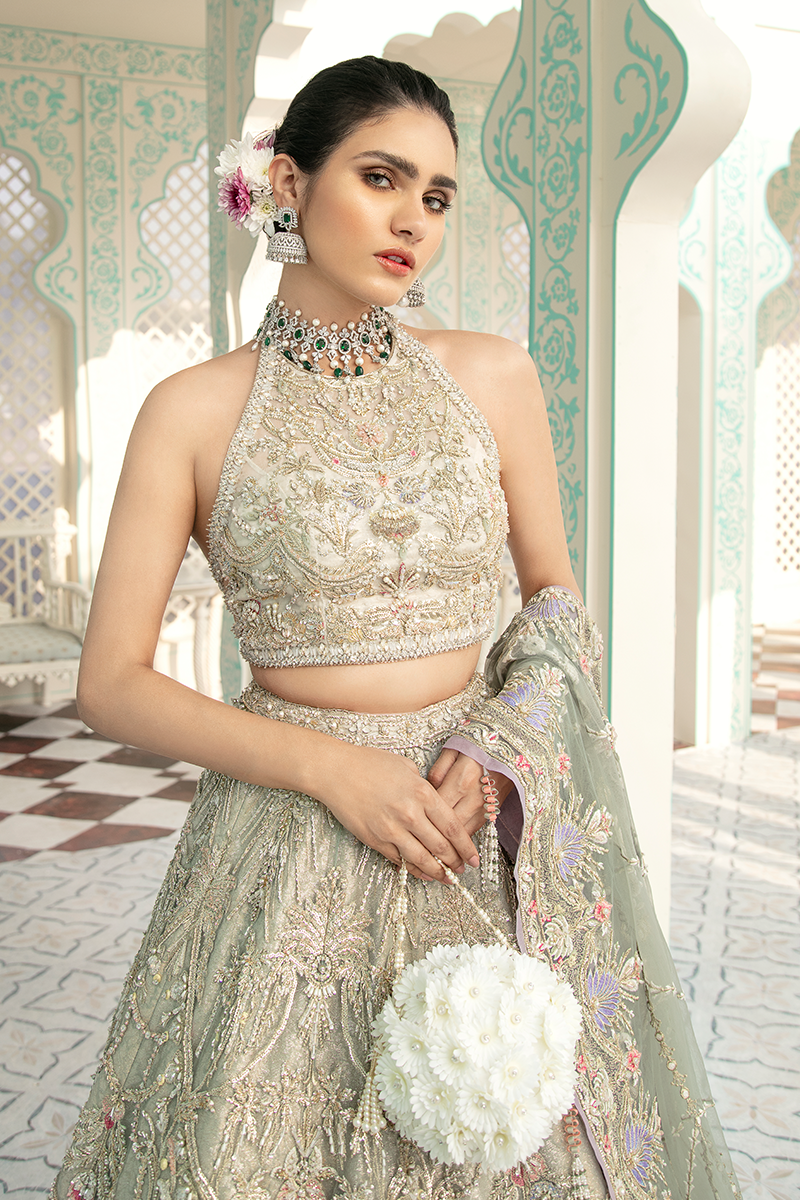 Pakistani Ivory Sage Green Embroidered Organza Net Lehenga (3-Piece) - Image 15