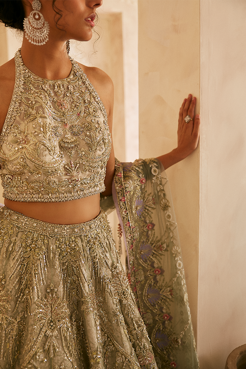 Pakistani Ivory Sage Green Embroidered Organza Net Lehenga (3-Piece) - Image 2