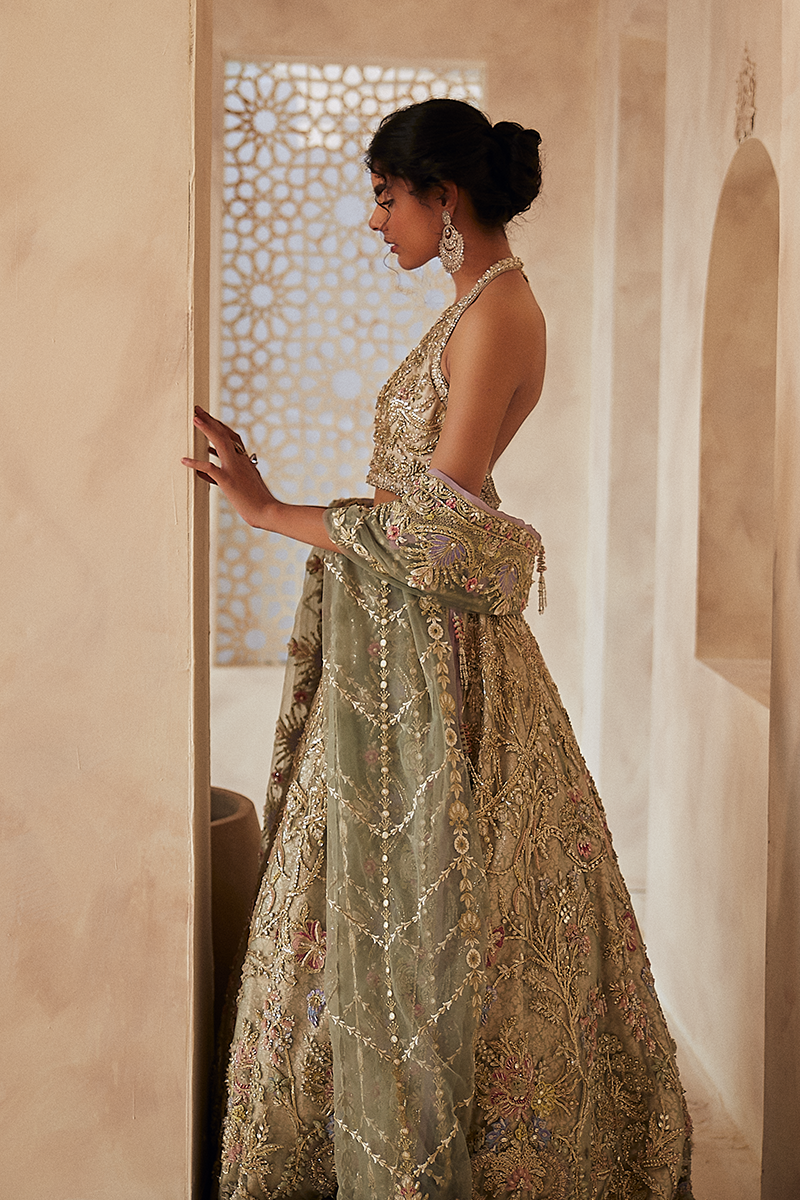 Pakistani Ivory Sage Green Embroidered Organza Net Lehenga (3-Piece) - Image 3