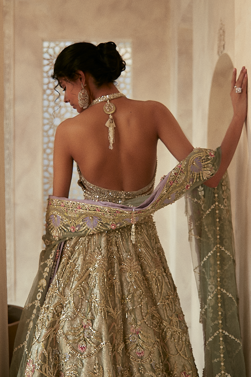 Pakistani Ivory Sage Green Embroidered Organza Net Lehenga (3-Piece) - Image 5