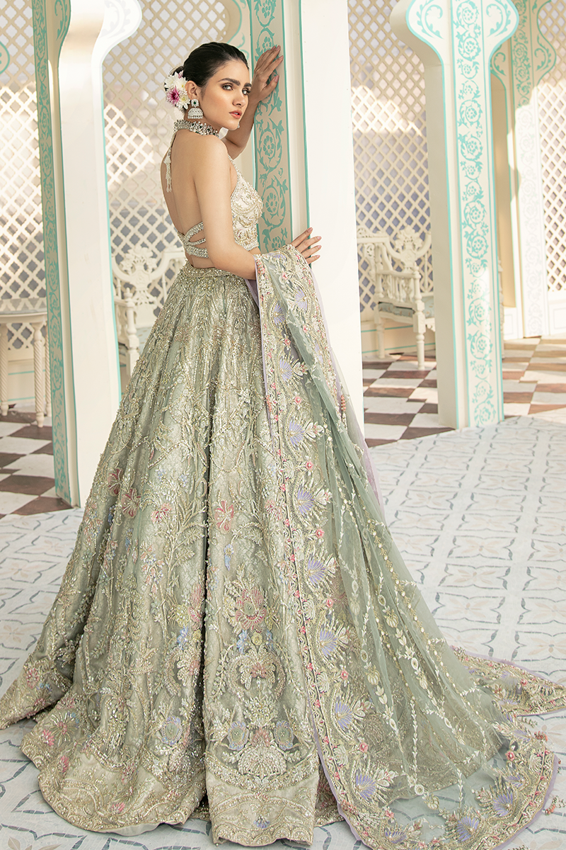 Pakistani Ivory Sage Green Embroidered Organza Net Lehenga (3-Piece) - Image 6