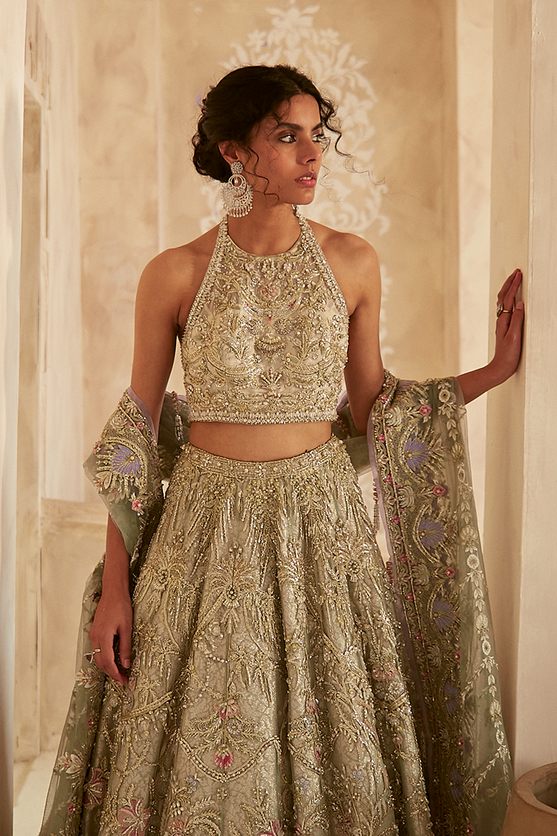 Pakistani Ivory Sage Green Embroidered Organza Net Lehenga (3-Piece) - Image 7