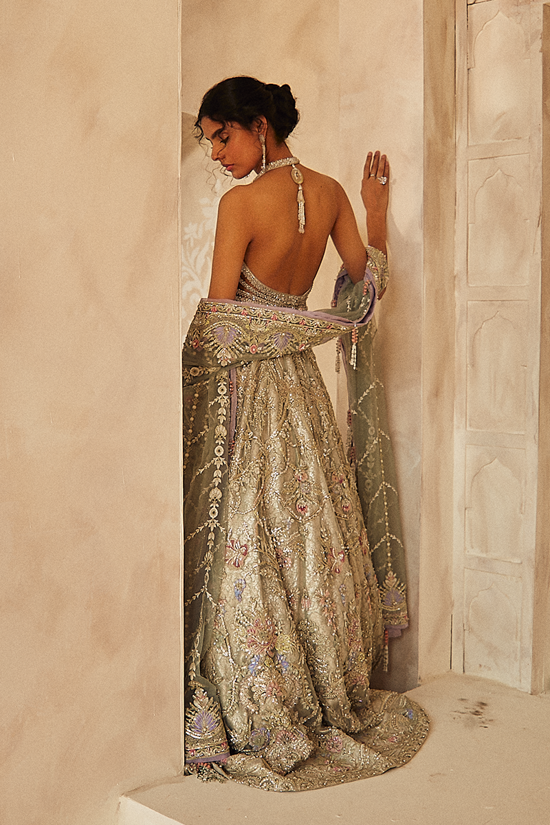Pakistani Ivory Sage Green Embroidered Organza Net Lehenga (3-Piece) - Image 8