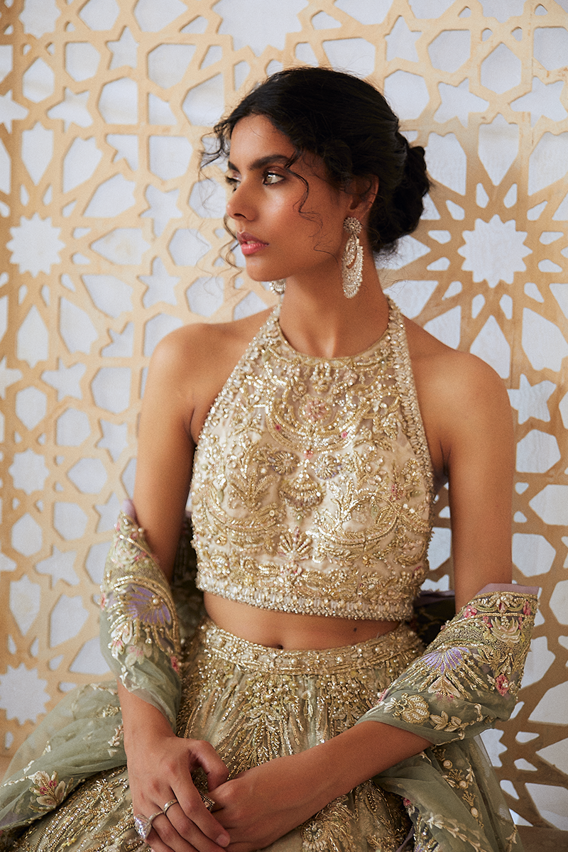 Pakistani Ivory Sage Green Embroidered Organza Net Lehenga (3-Piece) - Image 9