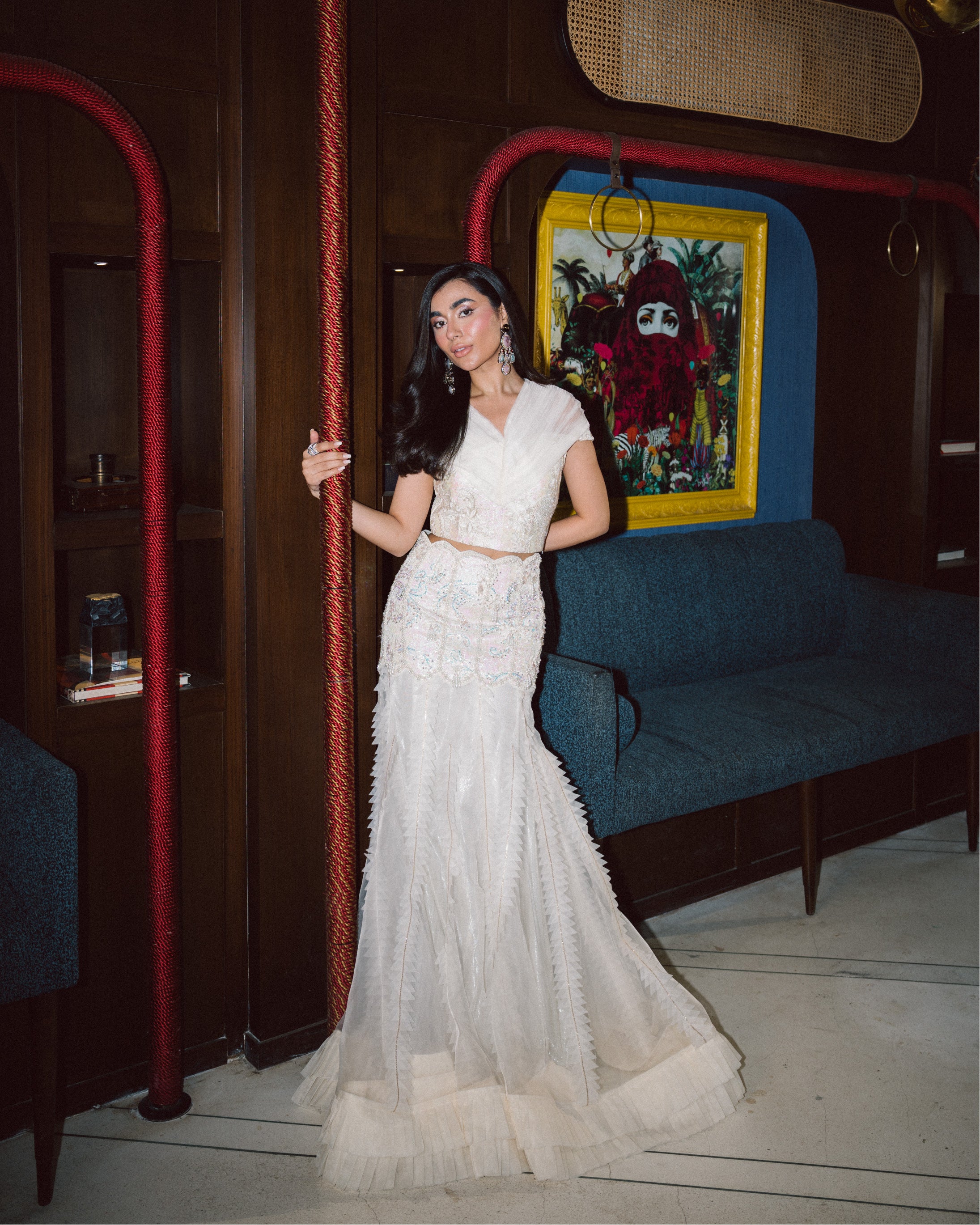 Pakistani Ivory Embellished Organza Crop Top and Mermaid Skirt (3-Piece) - Image 1