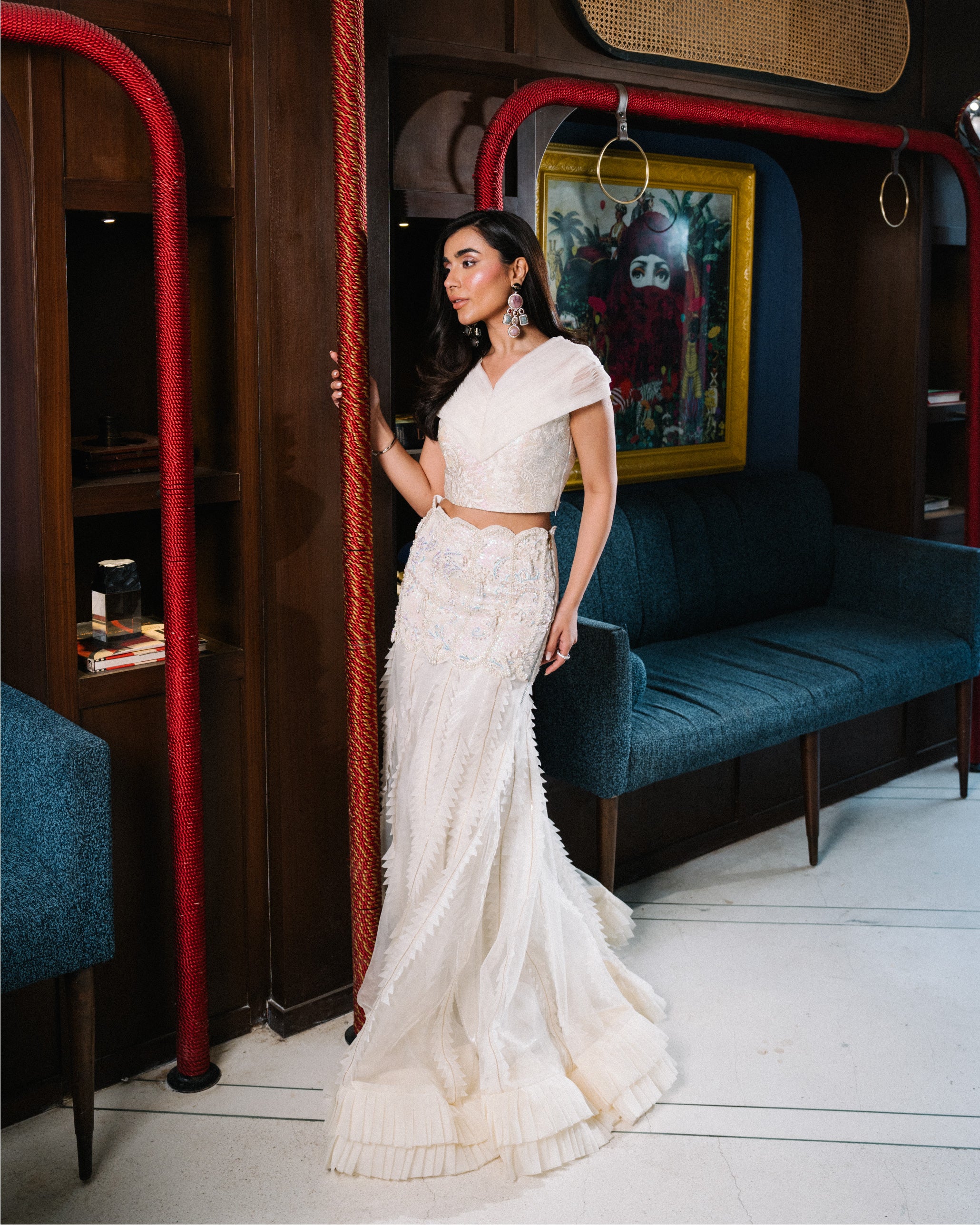 Pakistani Ivory Embellished Organza Crop Top and Mermaid Skirt (3-Piece) - Image 2