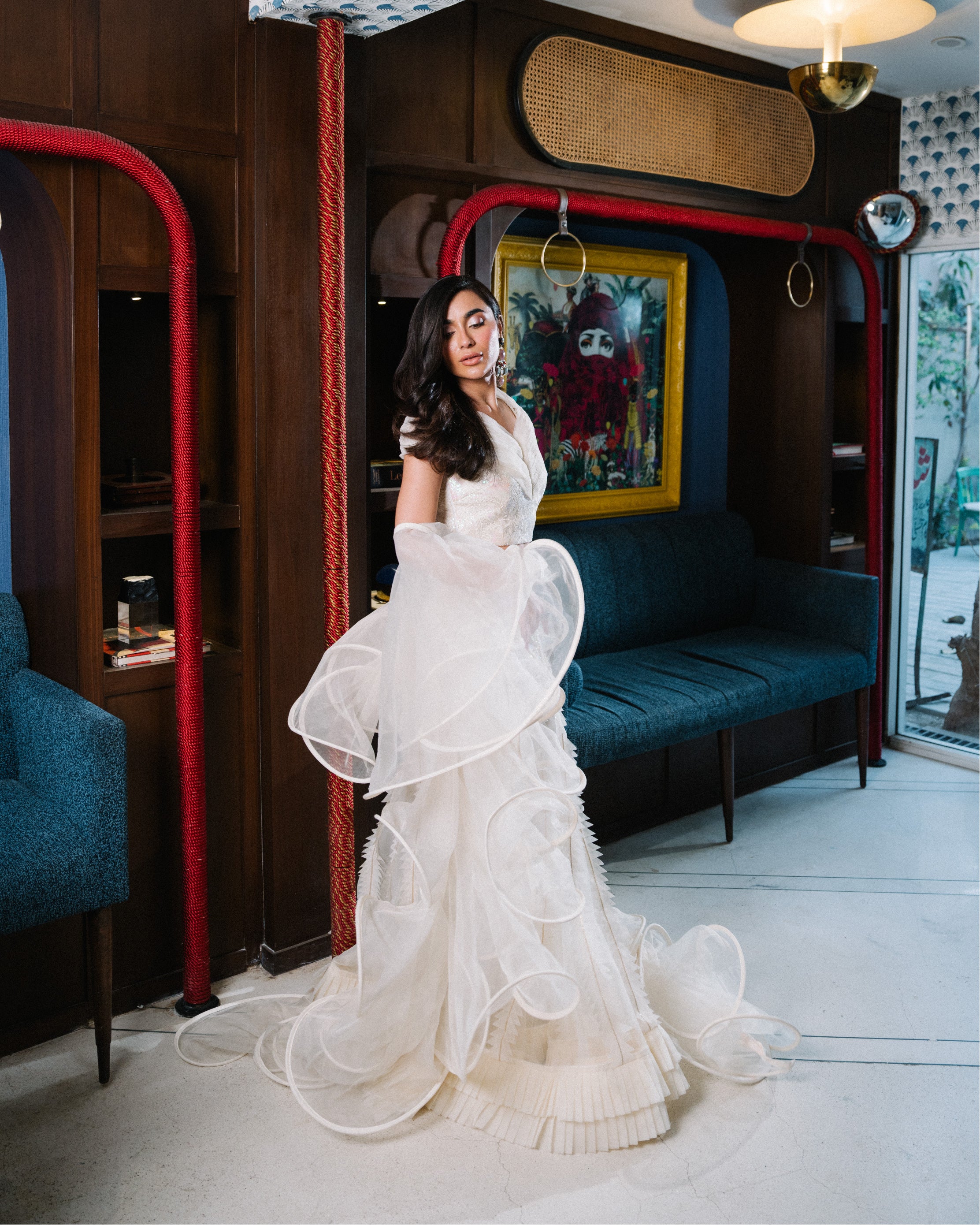 Pakistani Ivory Embellished Organza Crop Top and Mermaid Skirt (3-Piece) - Image 3