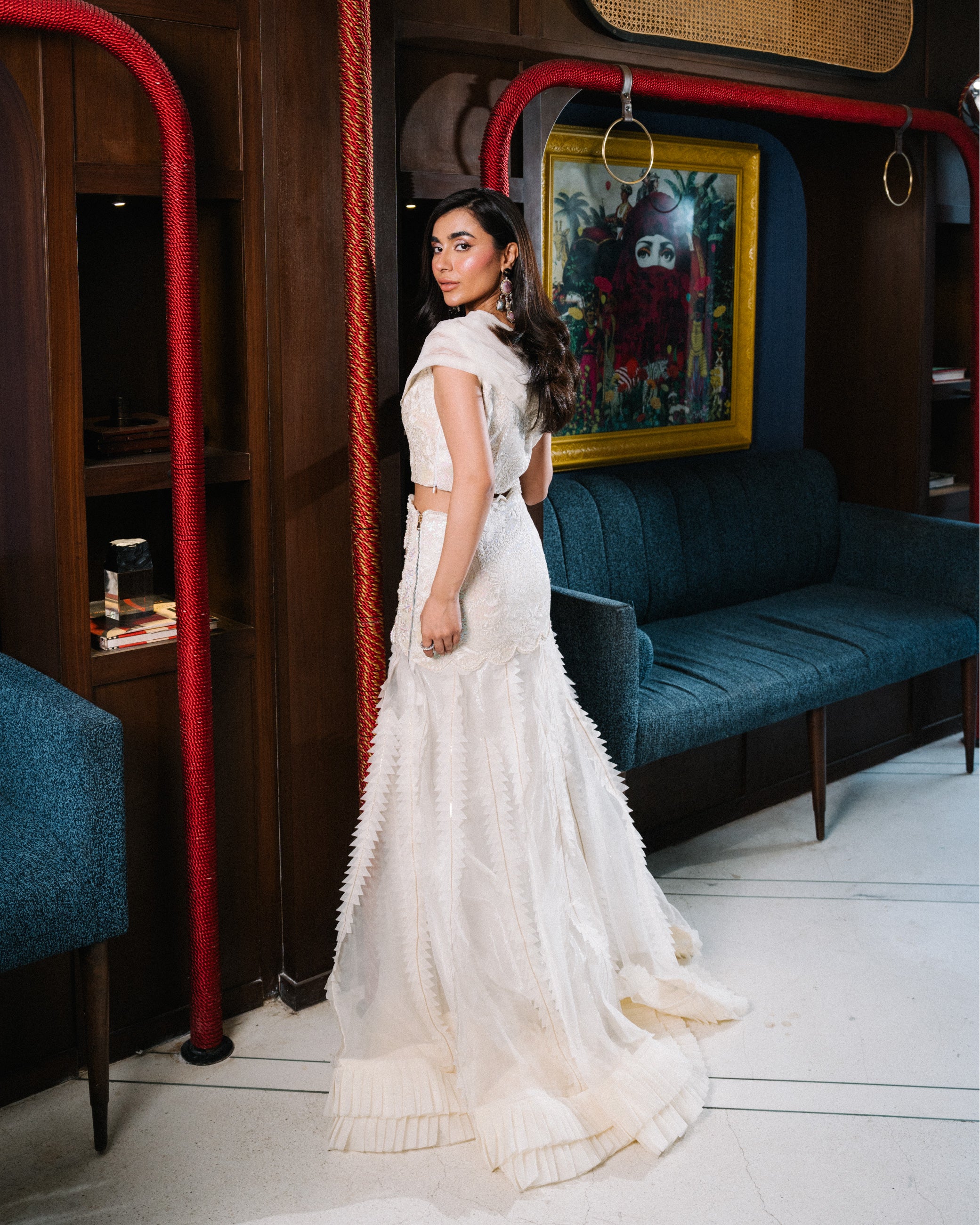 Pakistani Ivory Embellished Organza Crop Top and Mermaid Skirt (3-Piece) - Image 4