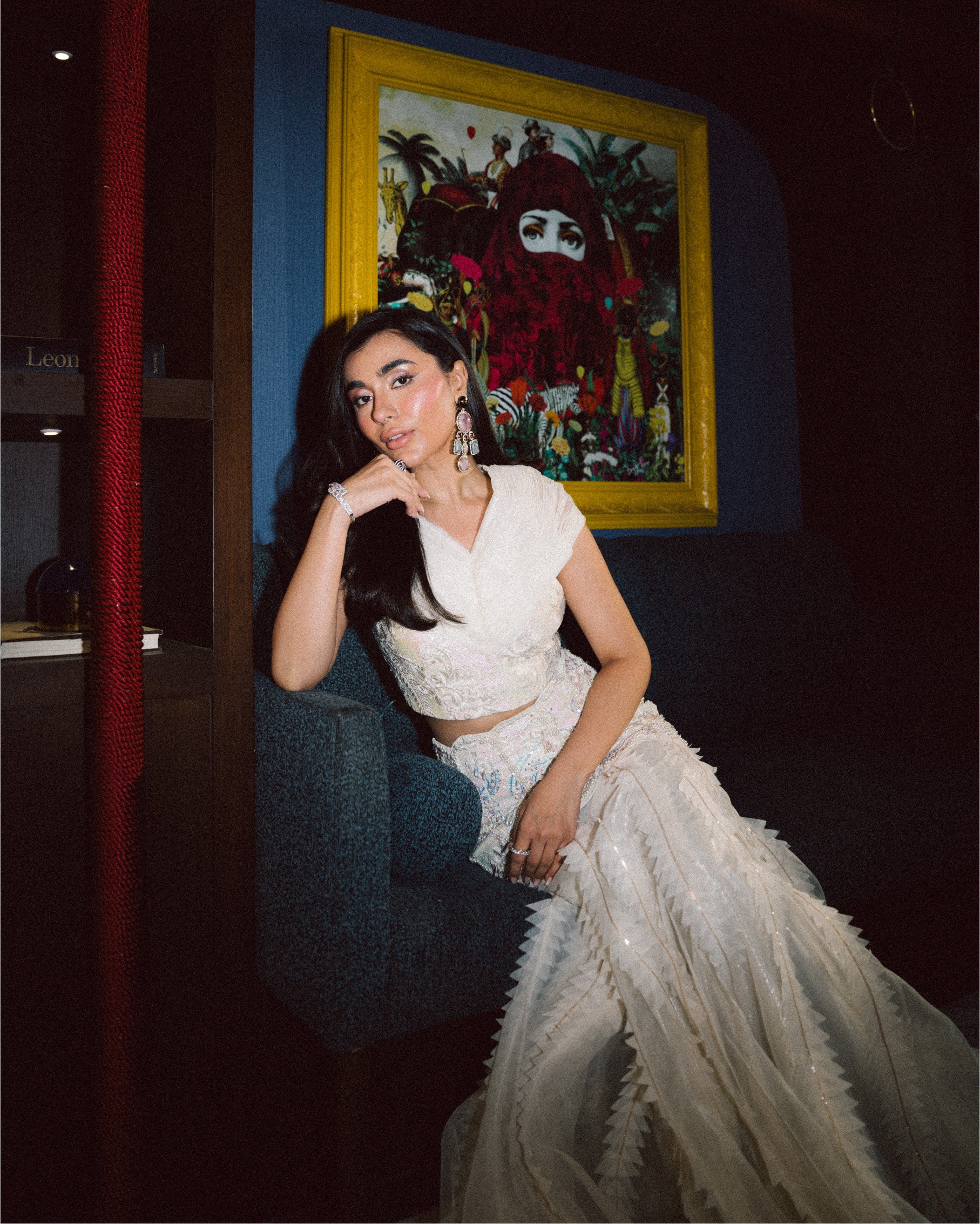 Pakistani Ivory Embellished Organza Crop Top and Mermaid Skirt (3-Piece) - Image 5