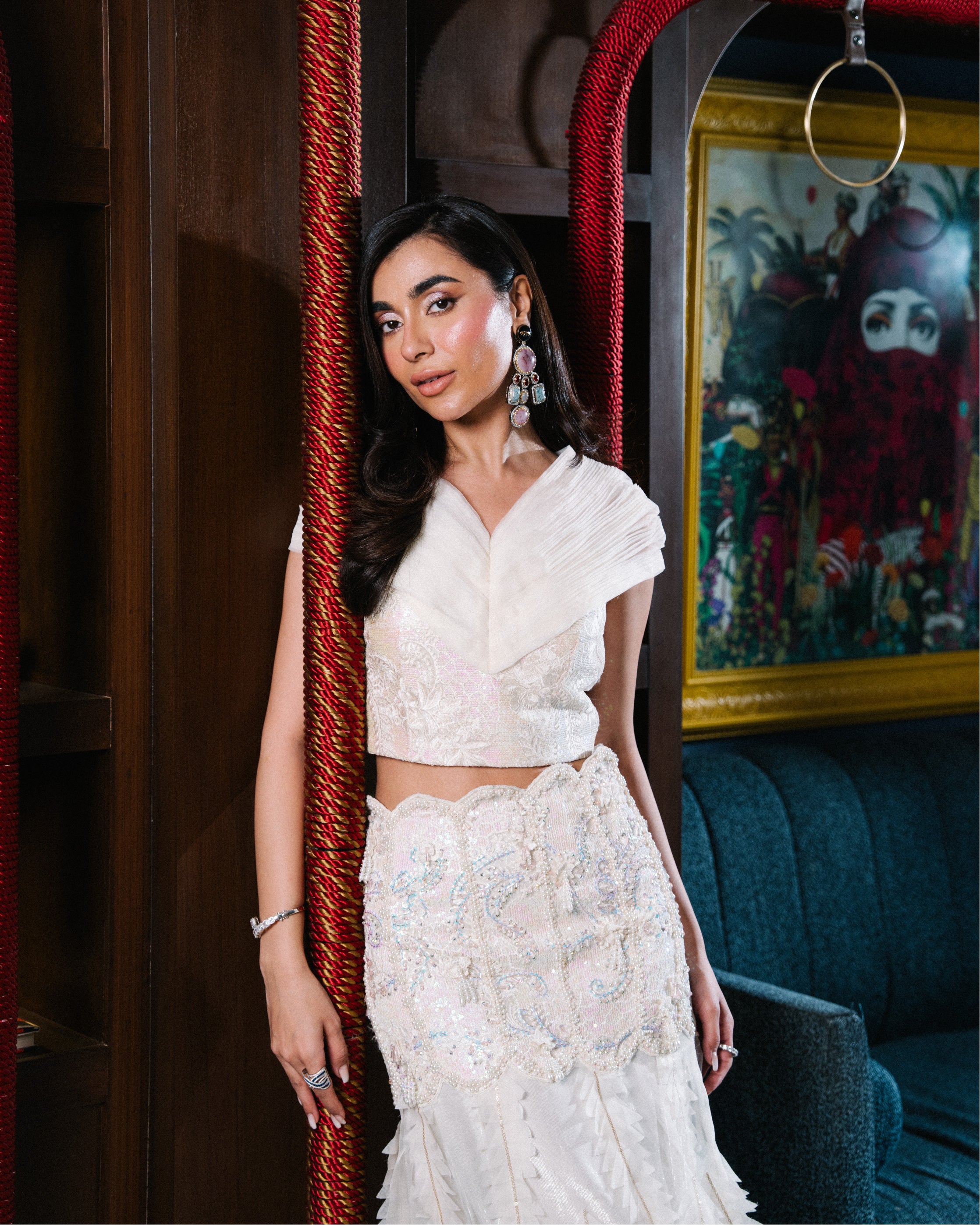 Pakistani Ivory Embellished Organza Crop Top and Mermaid Skirt (3-Piece) - Image 6