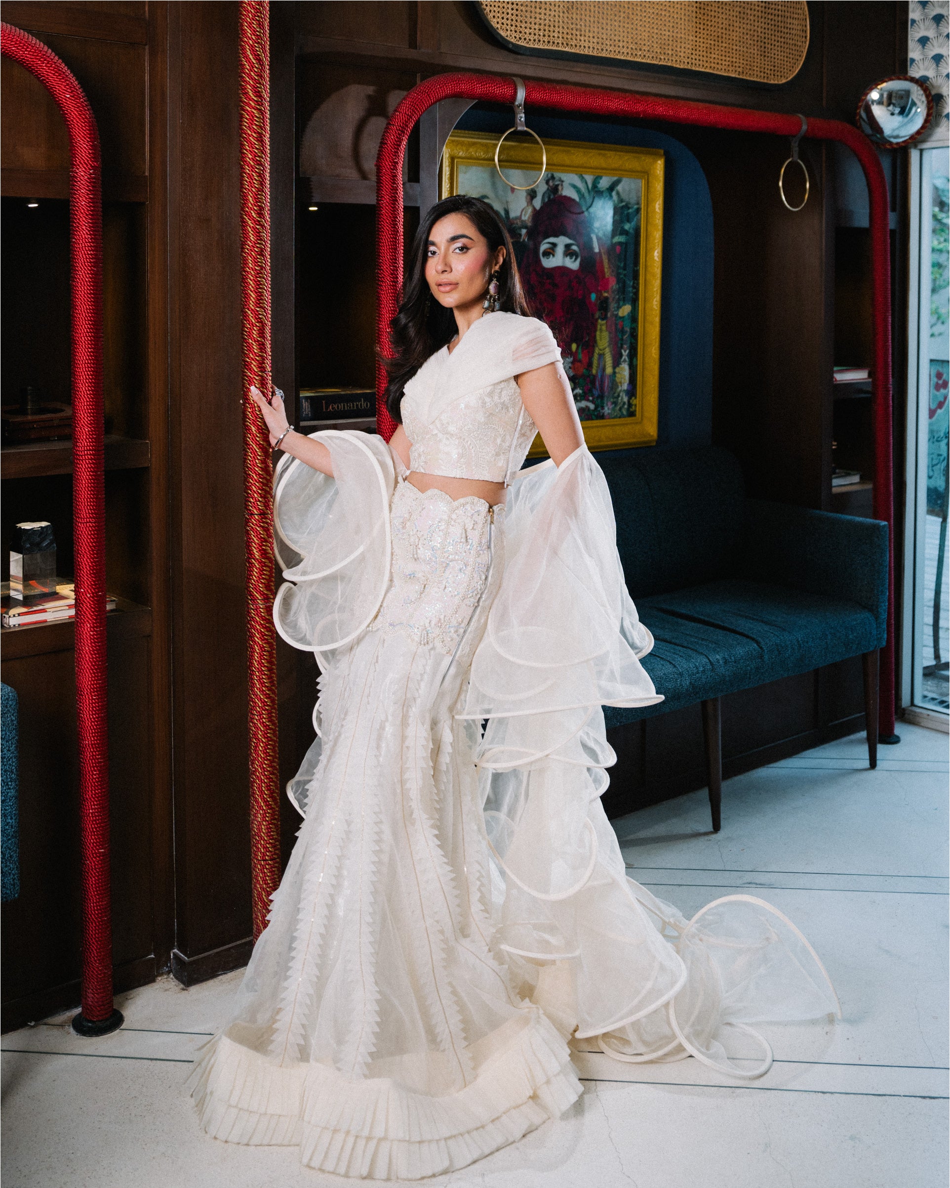 Pakistani Ivory Embellished Organza Crop Top and Mermaid Skirt (3-Piece) - Image 7