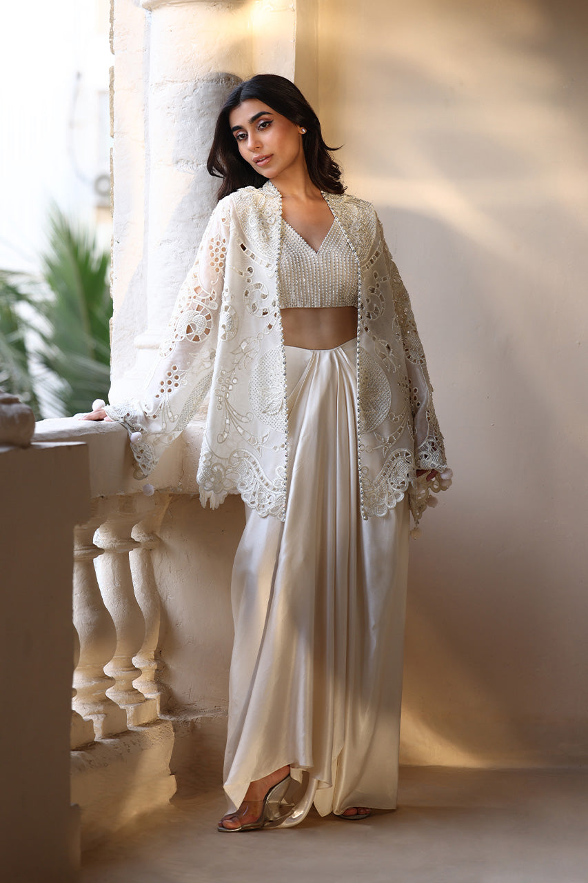 Ivory Pearl Embroidered Organza & Charmeuse Lehenga (3-Piece) - Image 1