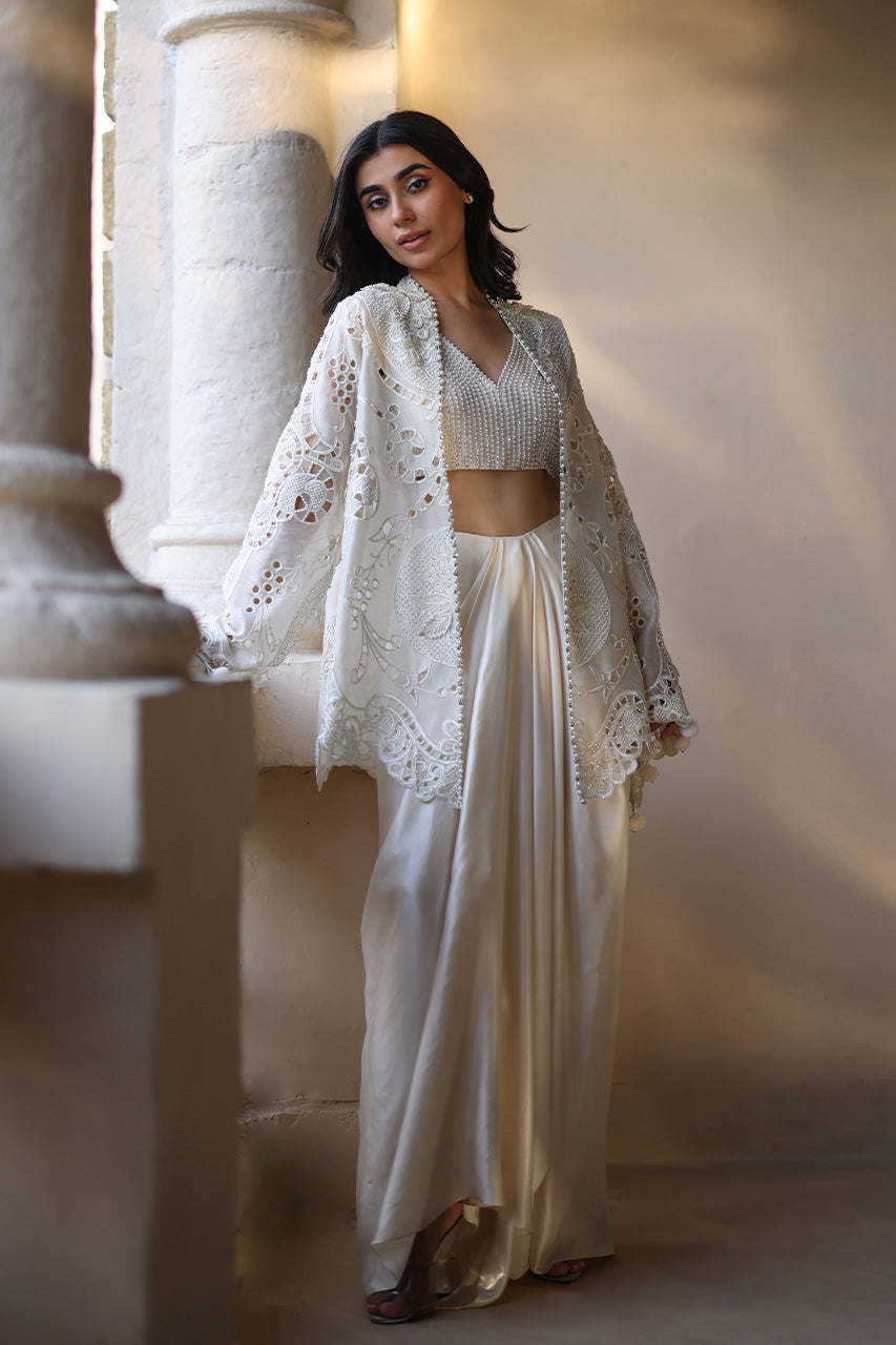 Ivory Pearl Embroidered Organza & Charmeuse Lehenga (3-Piece) - Image 11