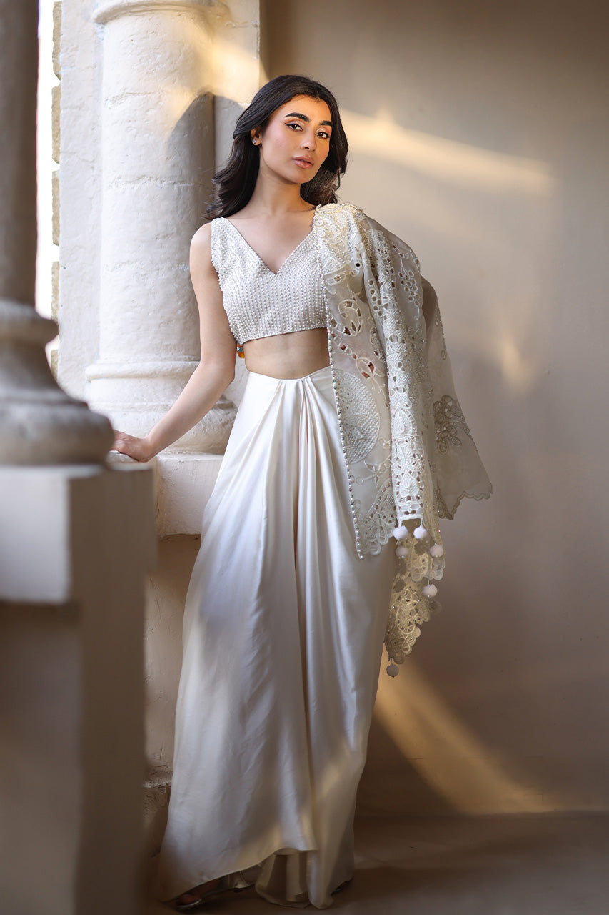 Ivory Pearl Embroidered Organza & Charmeuse Lehenga (3-Piece) - Image 12