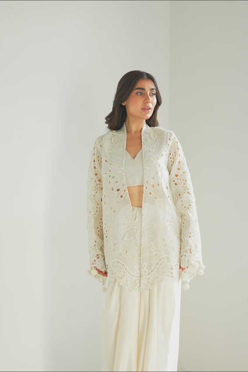 Ivory Pearl Embroidered Organza & Charmeuse Lehenga (3-Piece) - Image 13