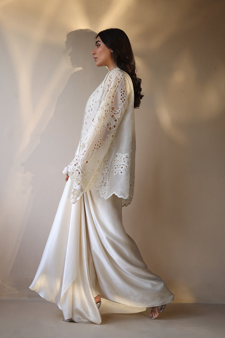 Ivory Pearl Embroidered Organza & Charmeuse Lehenga (3-Piece) - Image 2