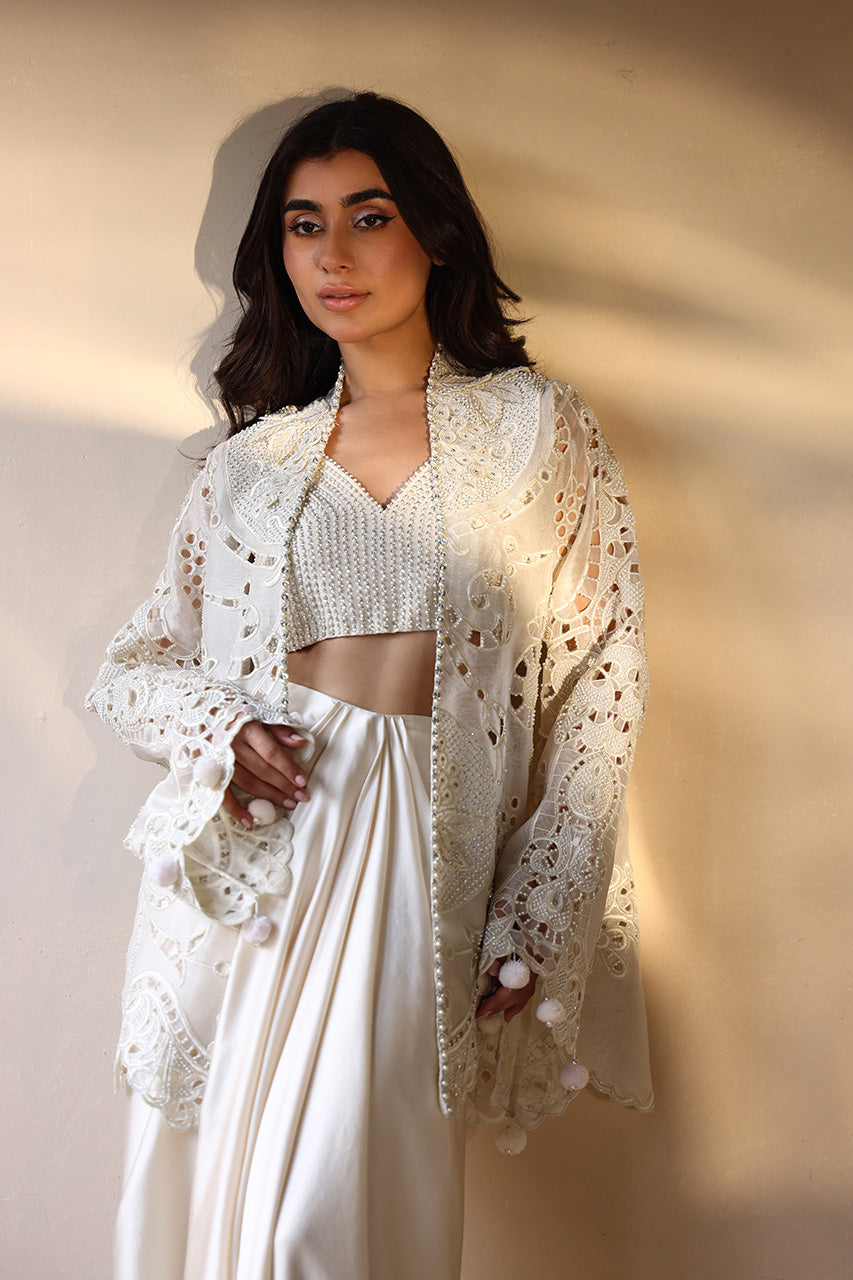 Ivory Pearl Embroidered Organza & Charmeuse Lehenga (3-Piece) - Image 3