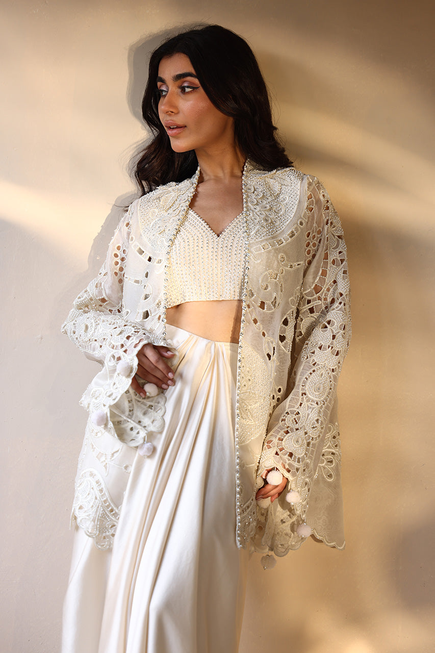 Ivory Pearl Embroidered Organza & Charmeuse Lehenga (3-Piece) - Image 4