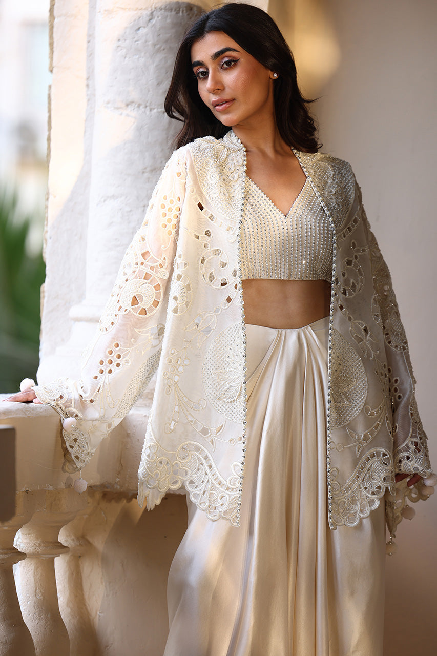 Ivory Pearl Embroidered Organza & Charmeuse Lehenga (3-Piece) - Image 5