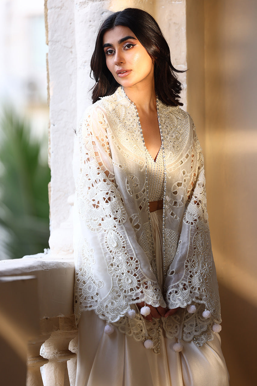 Ivory Pearl Embroidered Organza & Charmeuse Lehenga (3-Piece) - Image 6