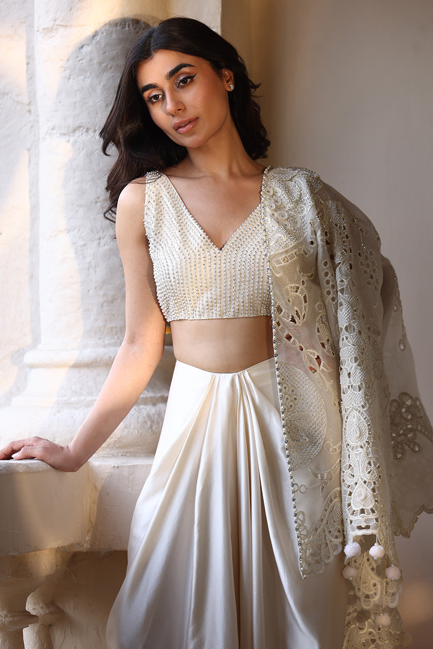 Ivory Pearl Embroidered Organza & Charmeuse Lehenga (3-Piece) - Image 7