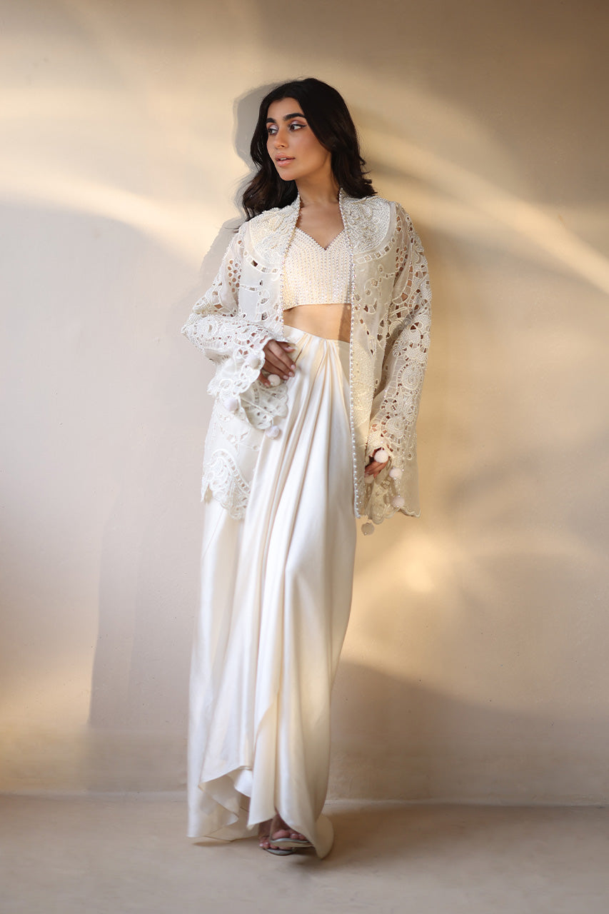 Ivory Pearl Embroidered Organza & Charmeuse Lehenga (3-Piece) - Image 9