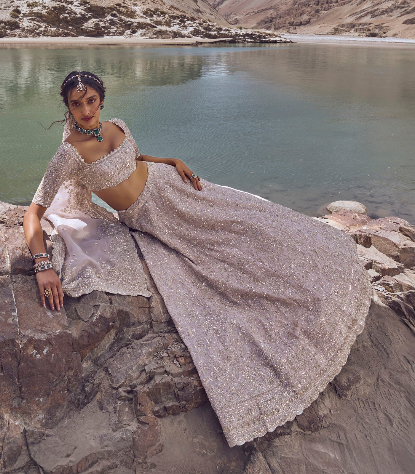 Indian Ivory Embellished Organza Bridal Lehenga (3-Piece) - Image 2