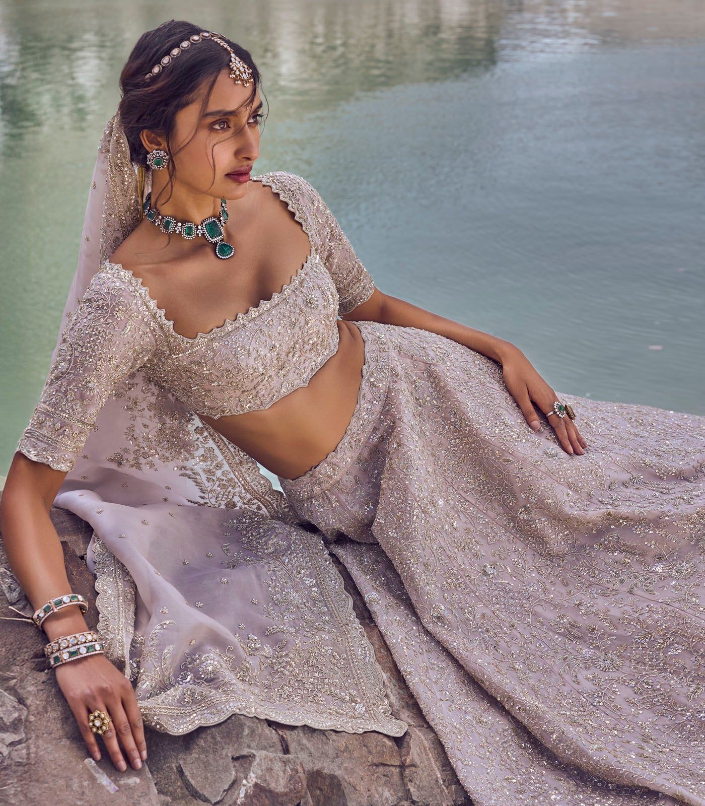 Indian Ivory Embellished Organza Bridal Lehenga (3-Piece) - Image 3