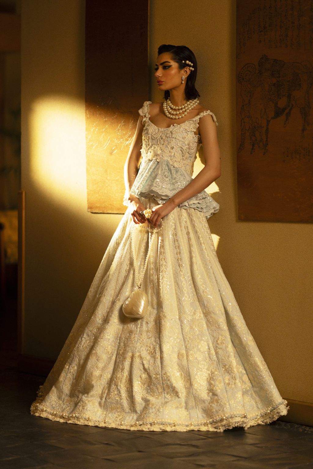 Pakistani Ivory & Powder Blue Embroidered Organza Lehenga (2-Piece) - Image 1