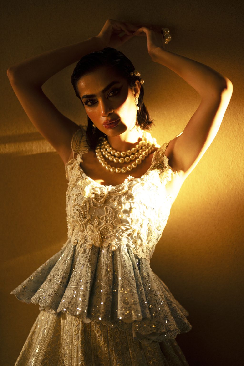 Pakistani Ivory & Powder Blue Embroidered Organza Lehenga (2-Piece) - Image 5