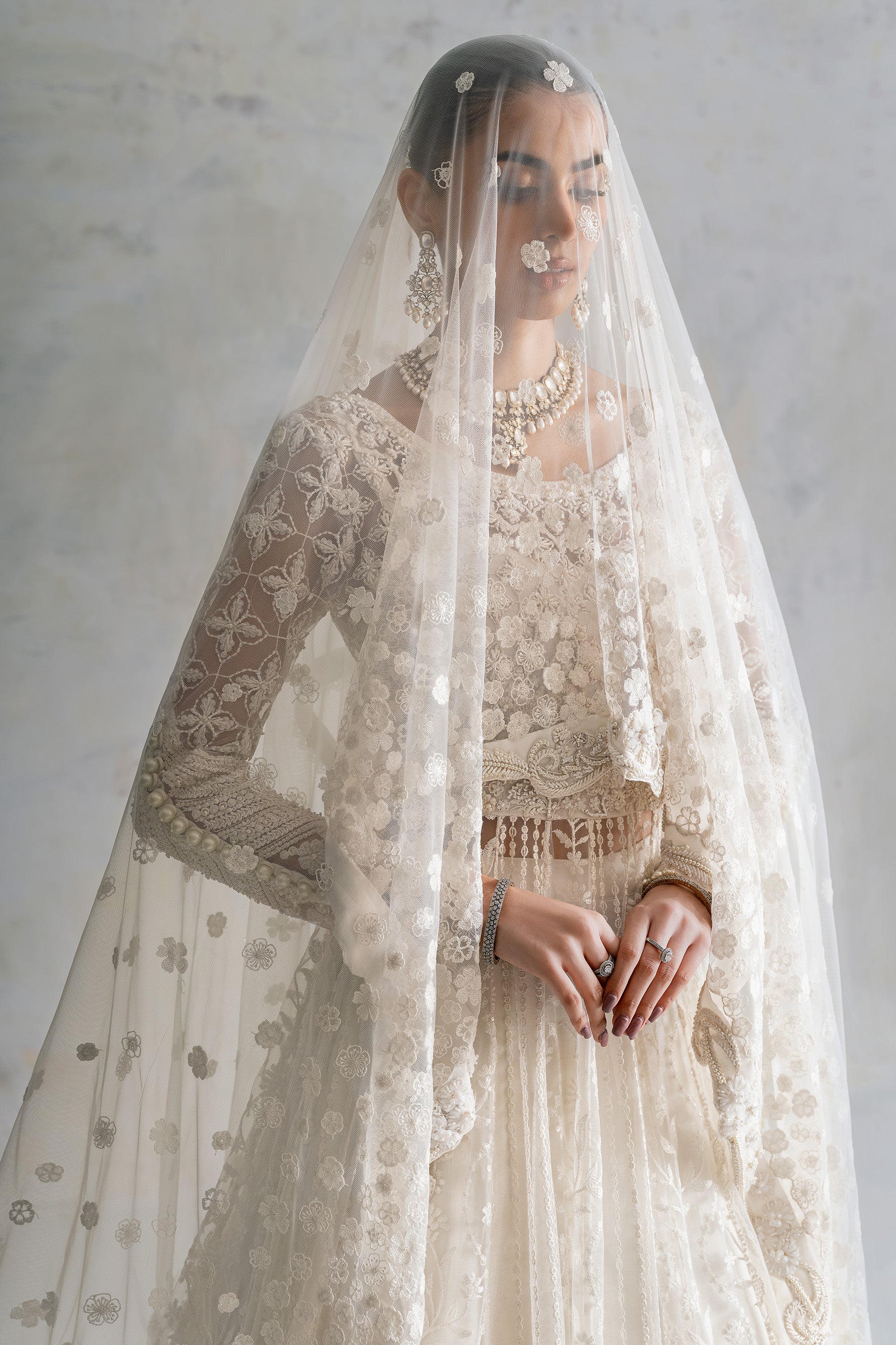 Pakistani Pearl Hand-Embellished Net & Silk Lehenga (3-Piece) - Image 5