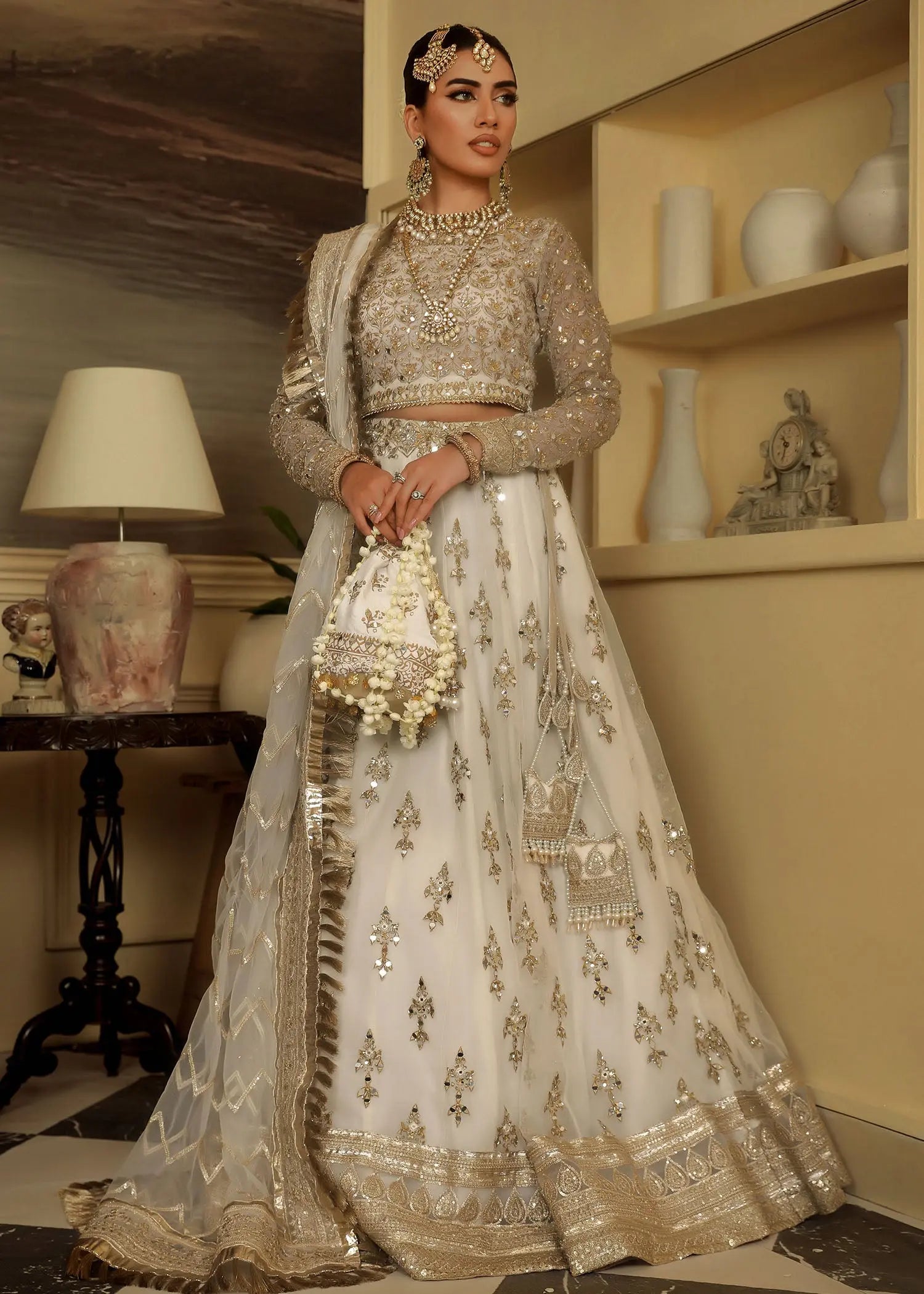 Ivory Gold Embroidered Organza Lehenga Choli (3-Piece) - Image 11