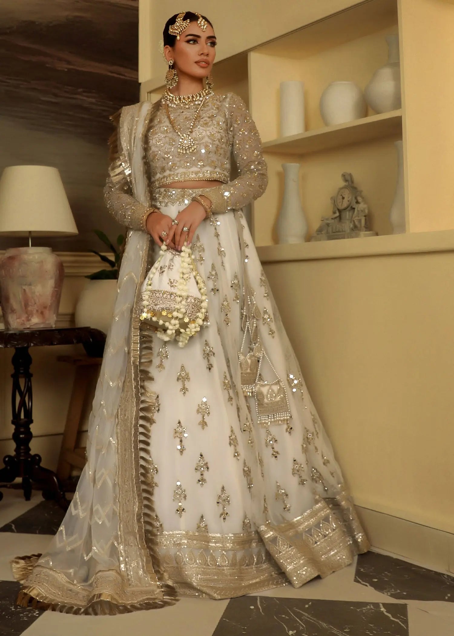 Ivory Gold Embroidered Organza Lehenga Choli (3-Piece) - Image 13