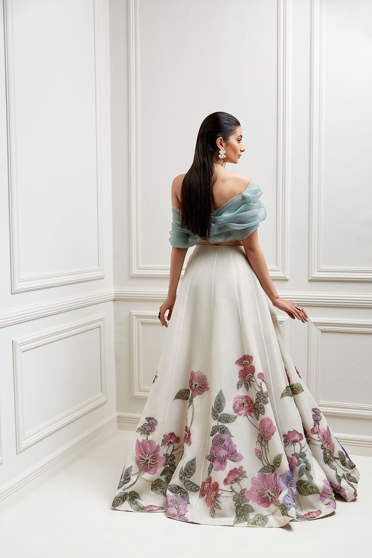 Pakistani Ivory Hand-Painted Organza Lehenga (2-Piece) - Image 2