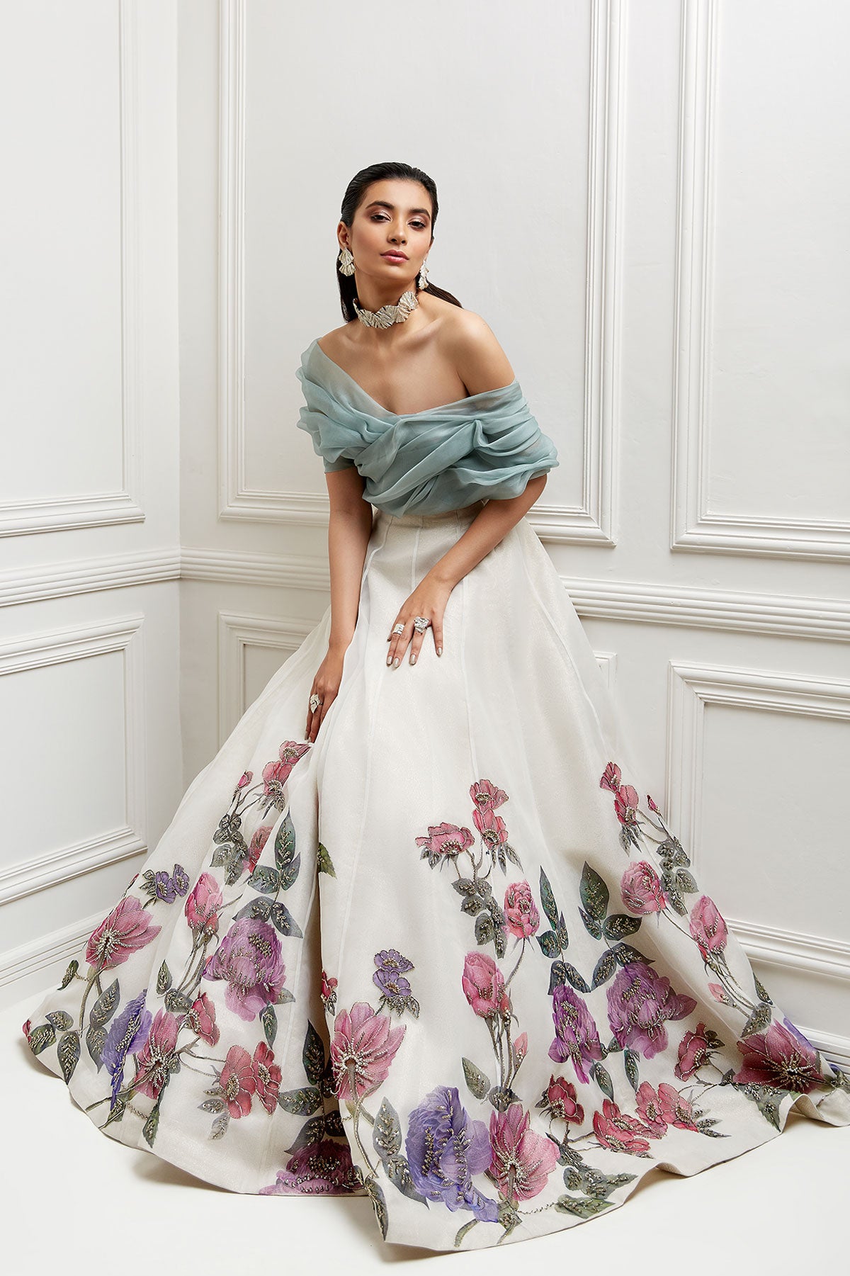 Pakistani Ivory Hand-Painted Organza Lehenga (2-Piece) - Image 3