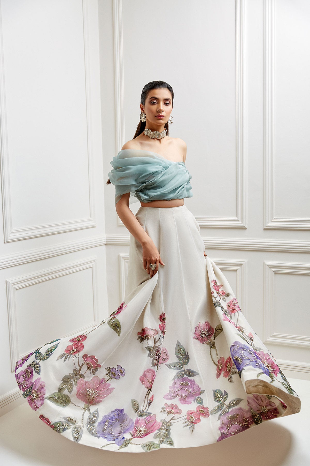 Pakistani Ivory Hand-Painted Organza Lehenga (2-Piece) - Image 4