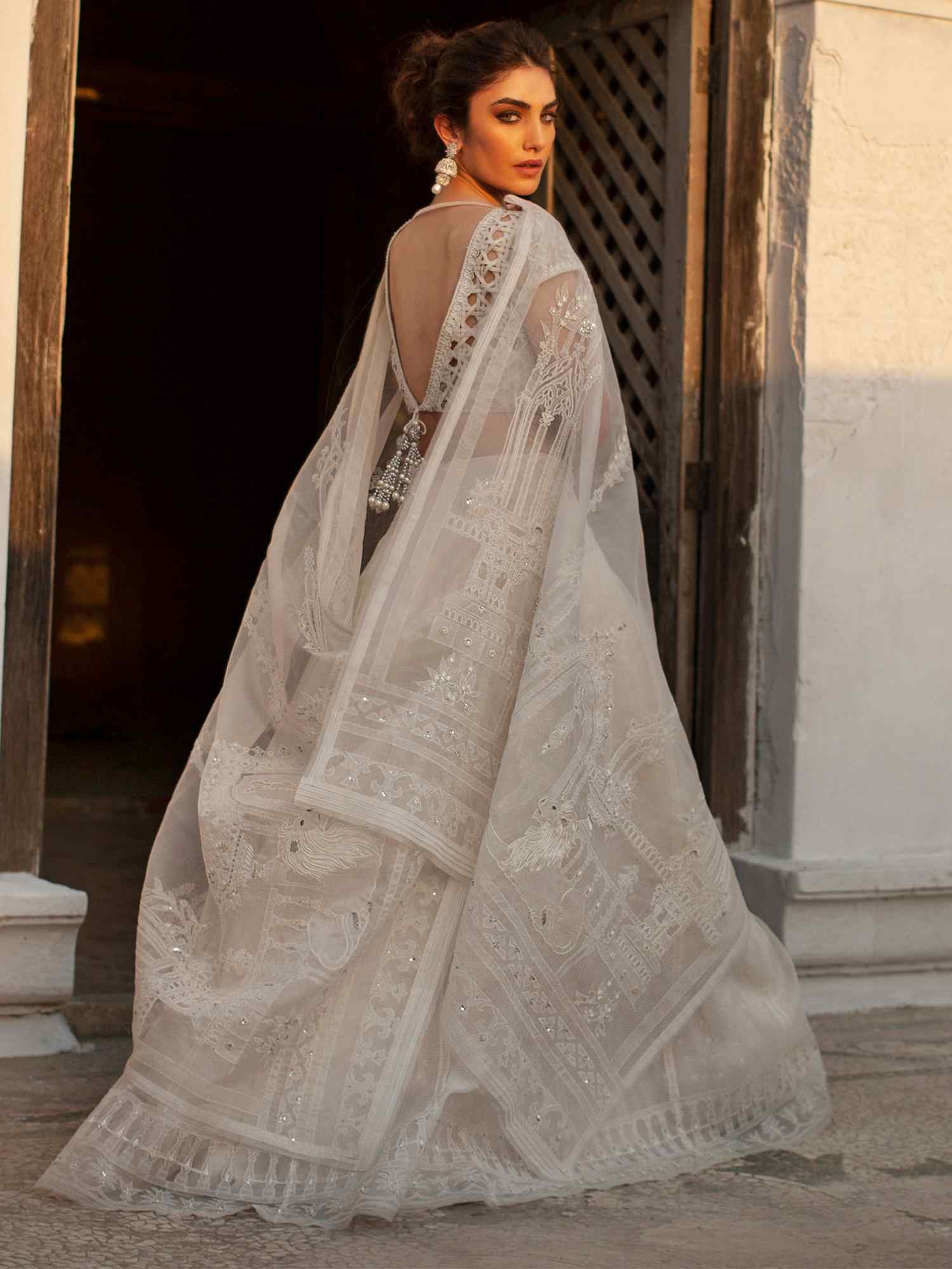 Pakistani Ivory Embroidered Organza & Chiffon Lehenga (3-Piece) - Image 1