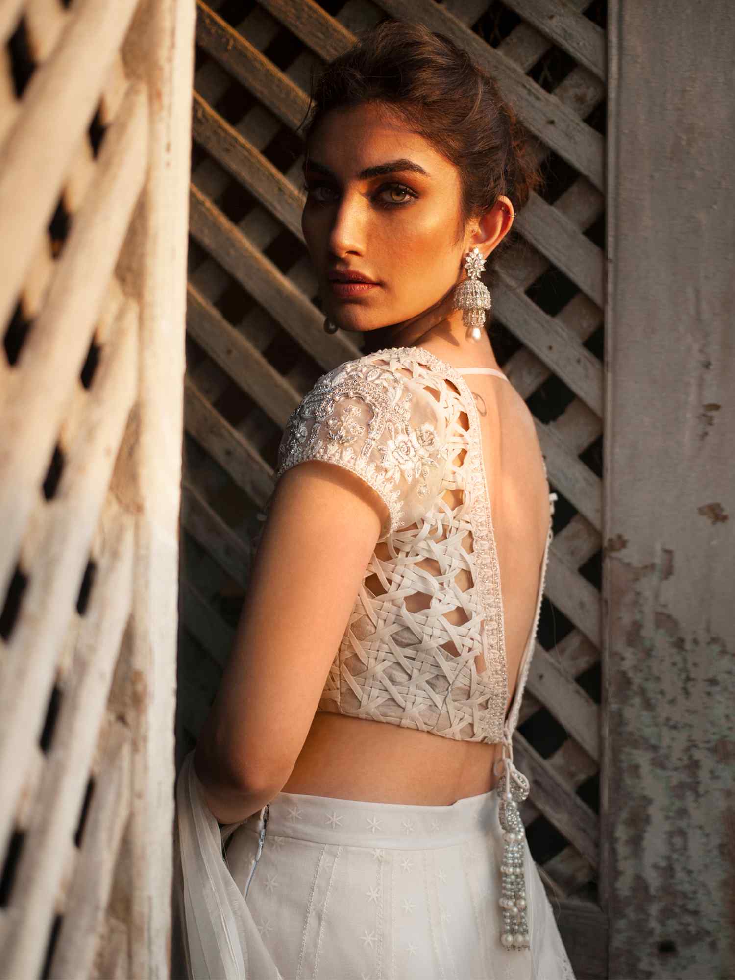 Pakistani Ivory Embroidered Organza & Chiffon Lehenga (3-Piece) - Image 2