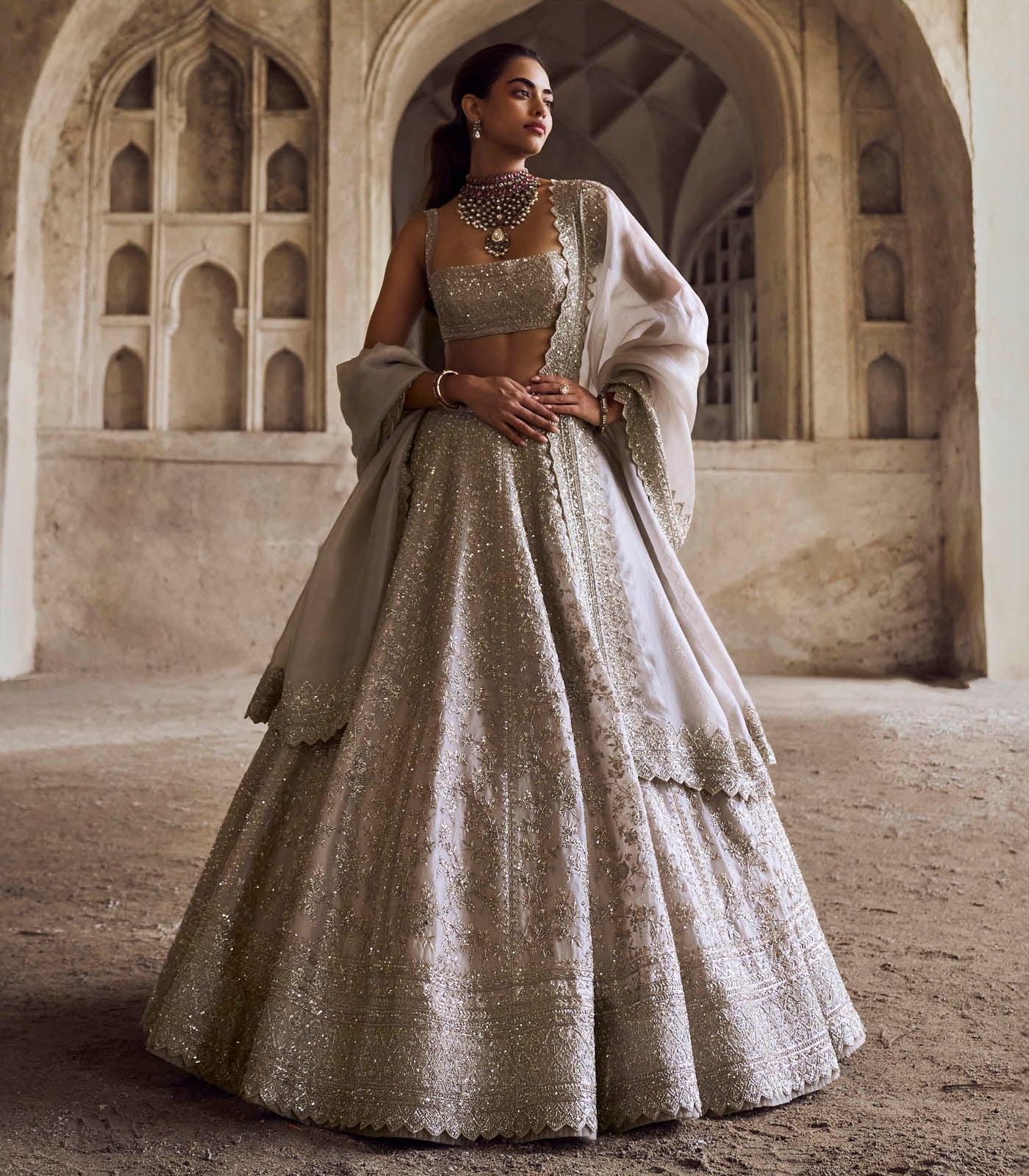 Indian Ivory Embellished Organza Lehenga Set (3-Piece) - Image 1