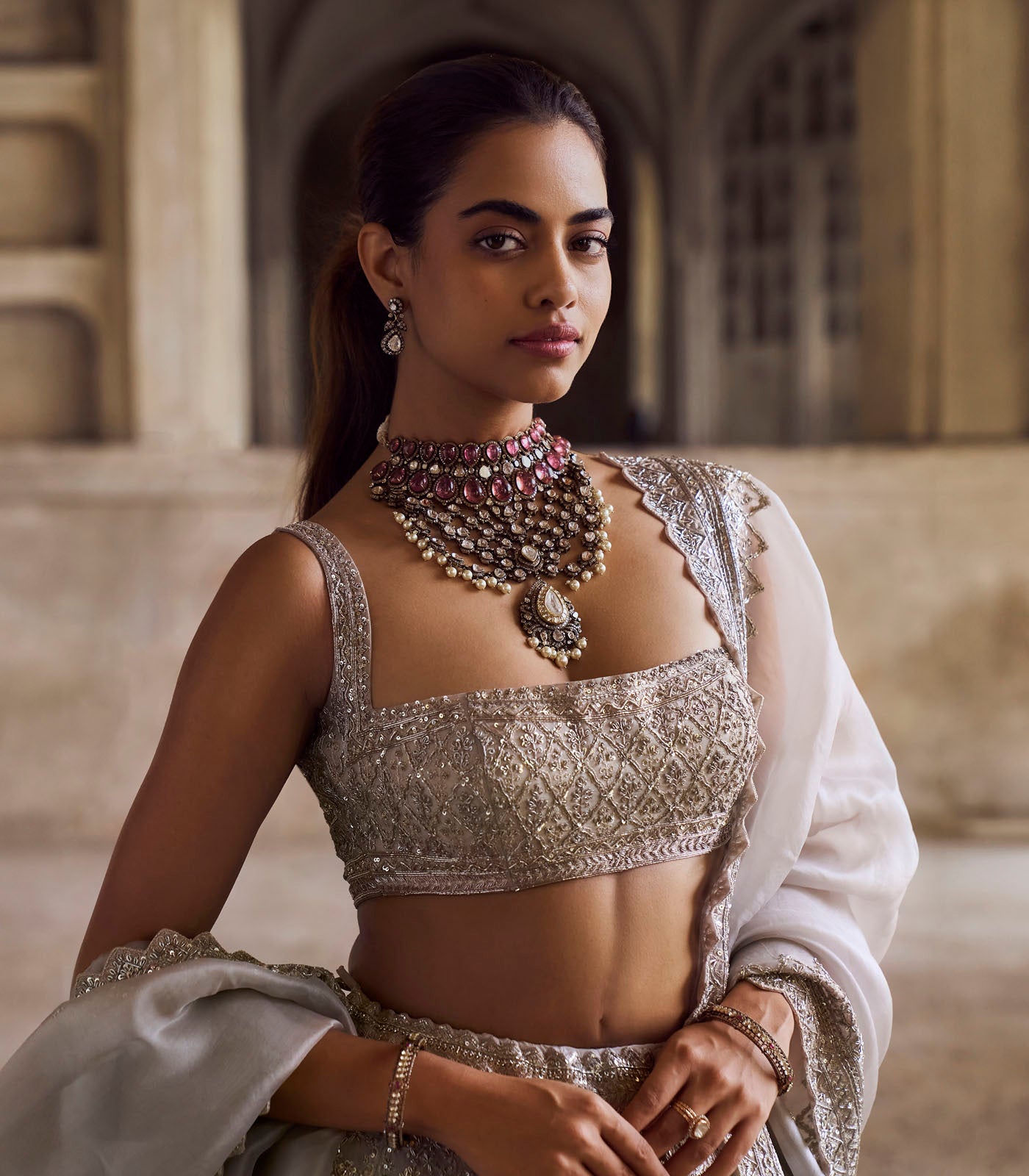 Indian Ivory Embellished Organza Lehenga Set (3-Piece) - Image 2