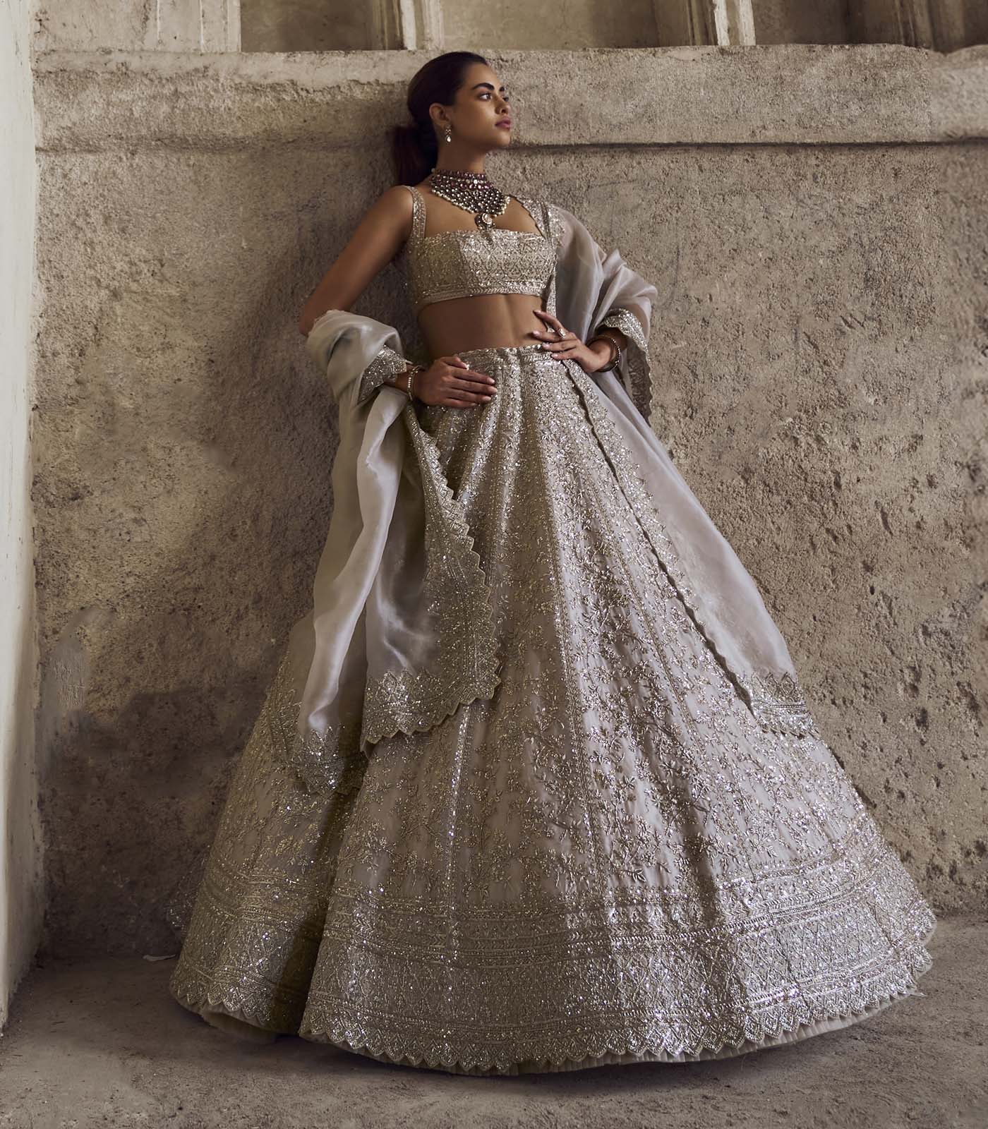 Indian Ivory Embellished Organza Lehenga Set (3-Piece) - Image 3