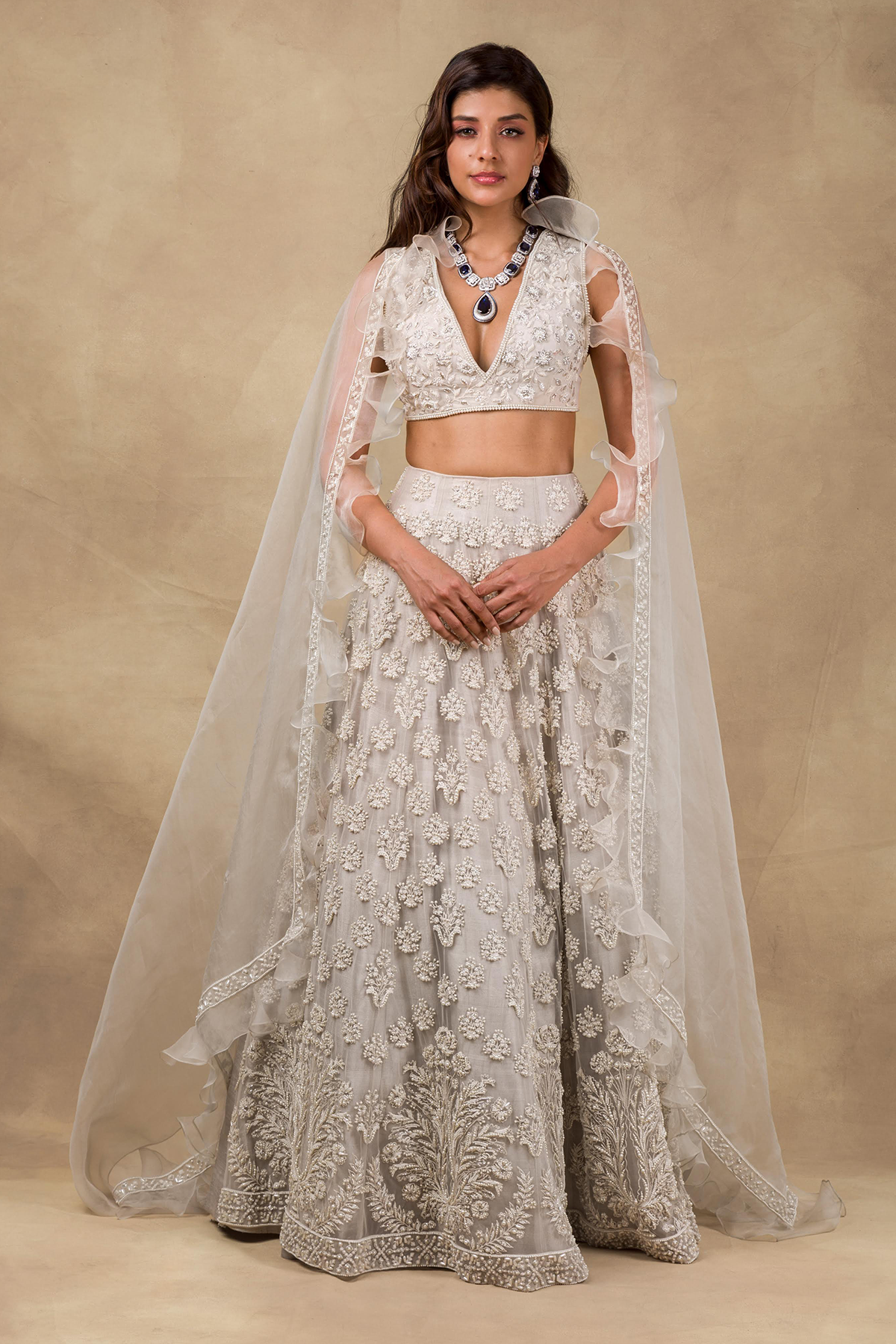 Ivory Pearl Embellished Net Chanderi Organza Lehenga (3-Piece) - Image 1