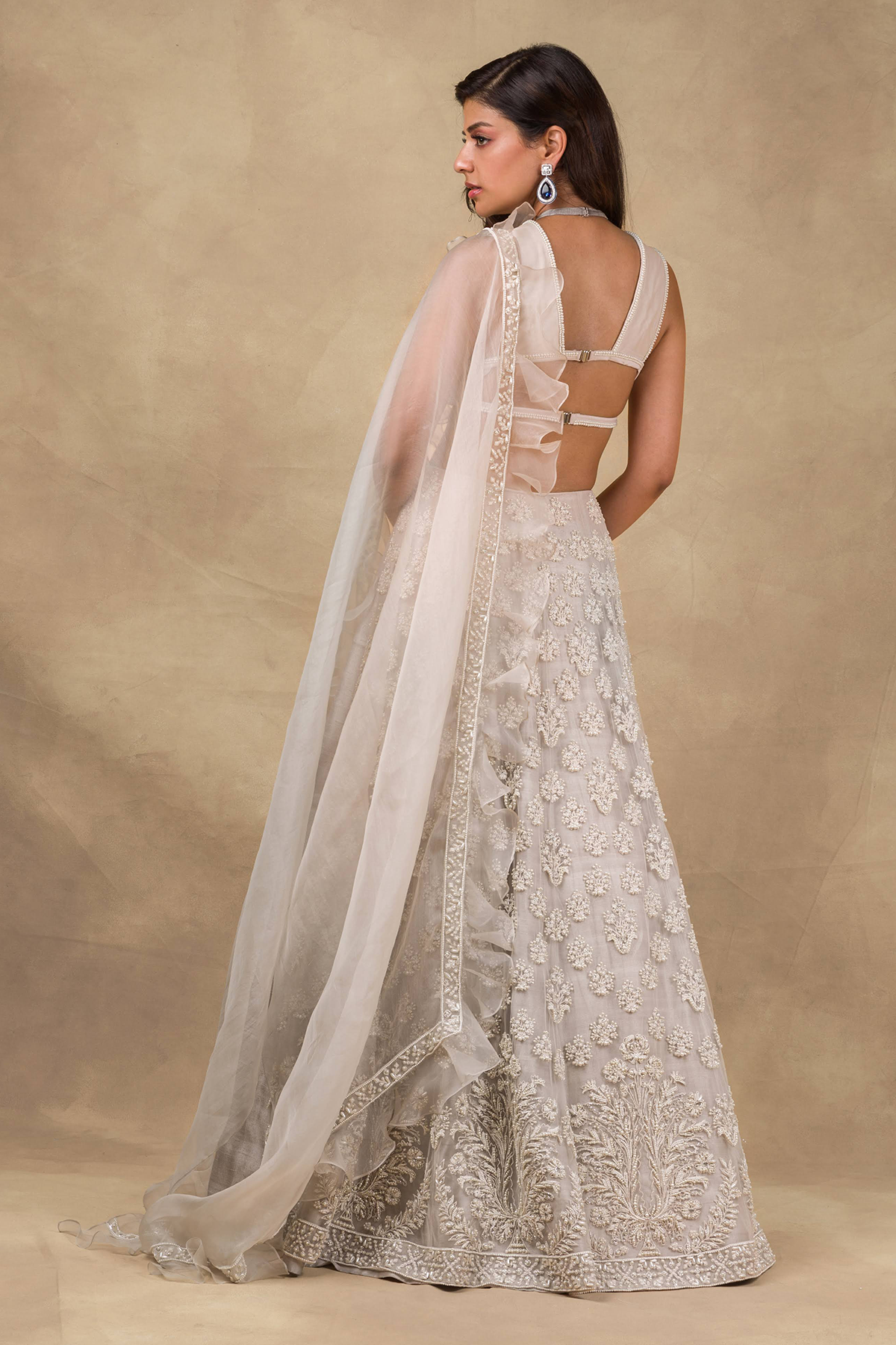 Ivory Pearl Embellished Net Chanderi Organza Lehenga (3-Piece) - Image 2