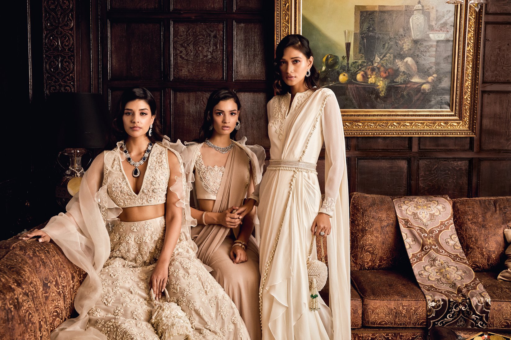 Ivory Pearl Embellished Net Chanderi Organza Lehenga (3-Piece) - Image 3