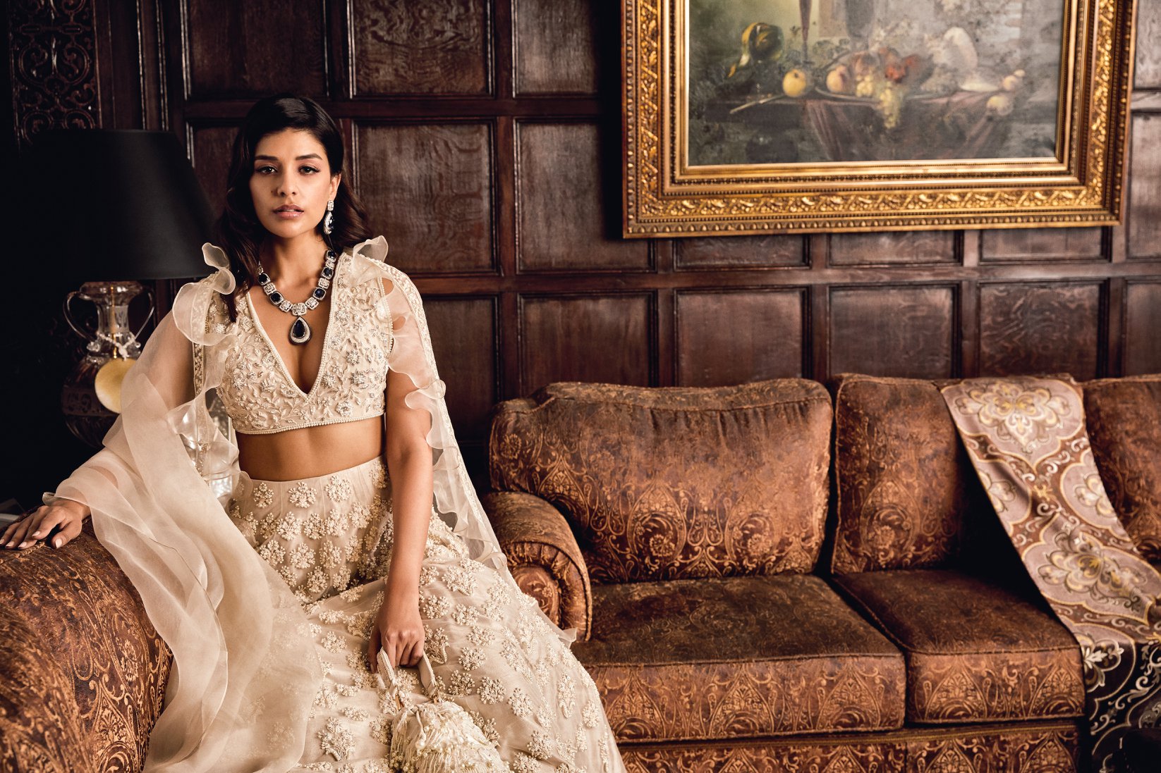 Ivory Pearl Embellished Net Chanderi Organza Lehenga (3-Piece) - Image 4