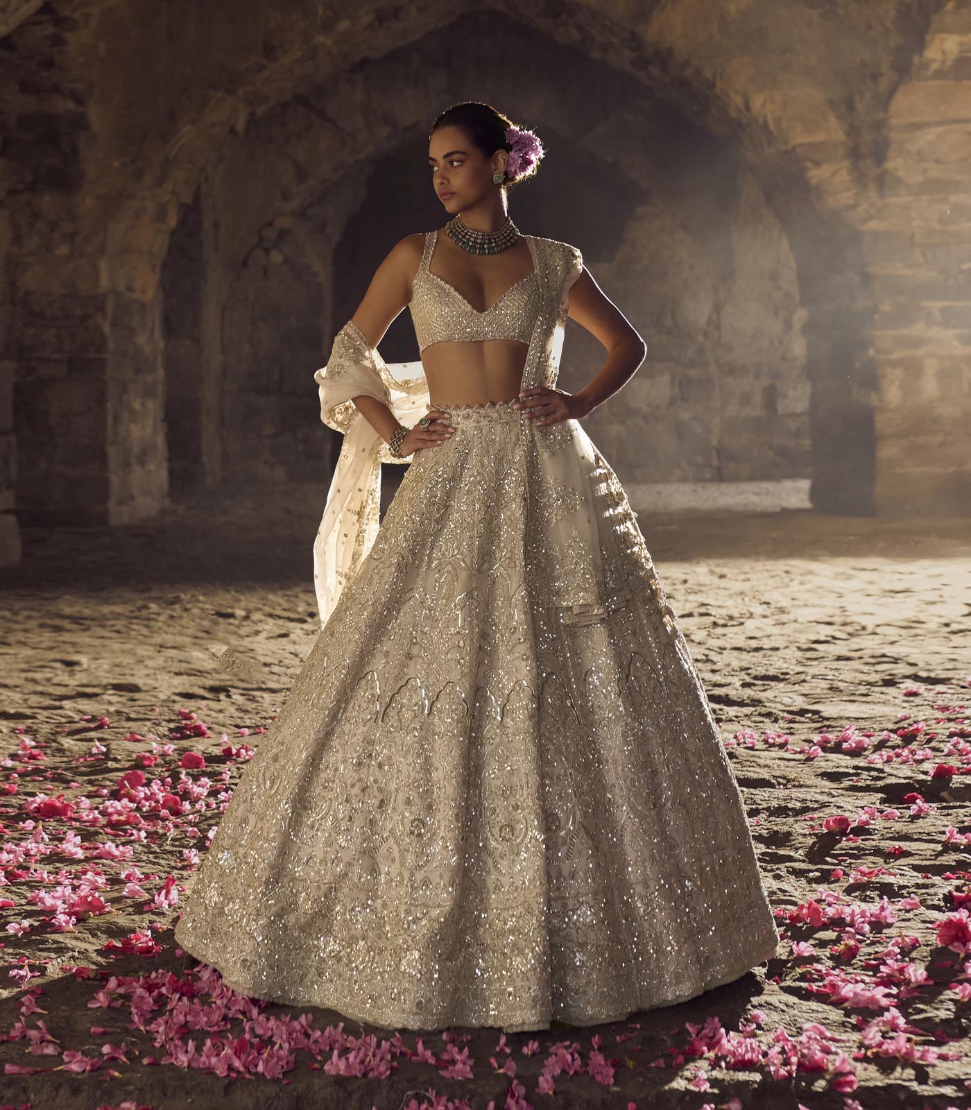 Ivory Embellished Organza Lehenga Set (3-Piece) - Image 1