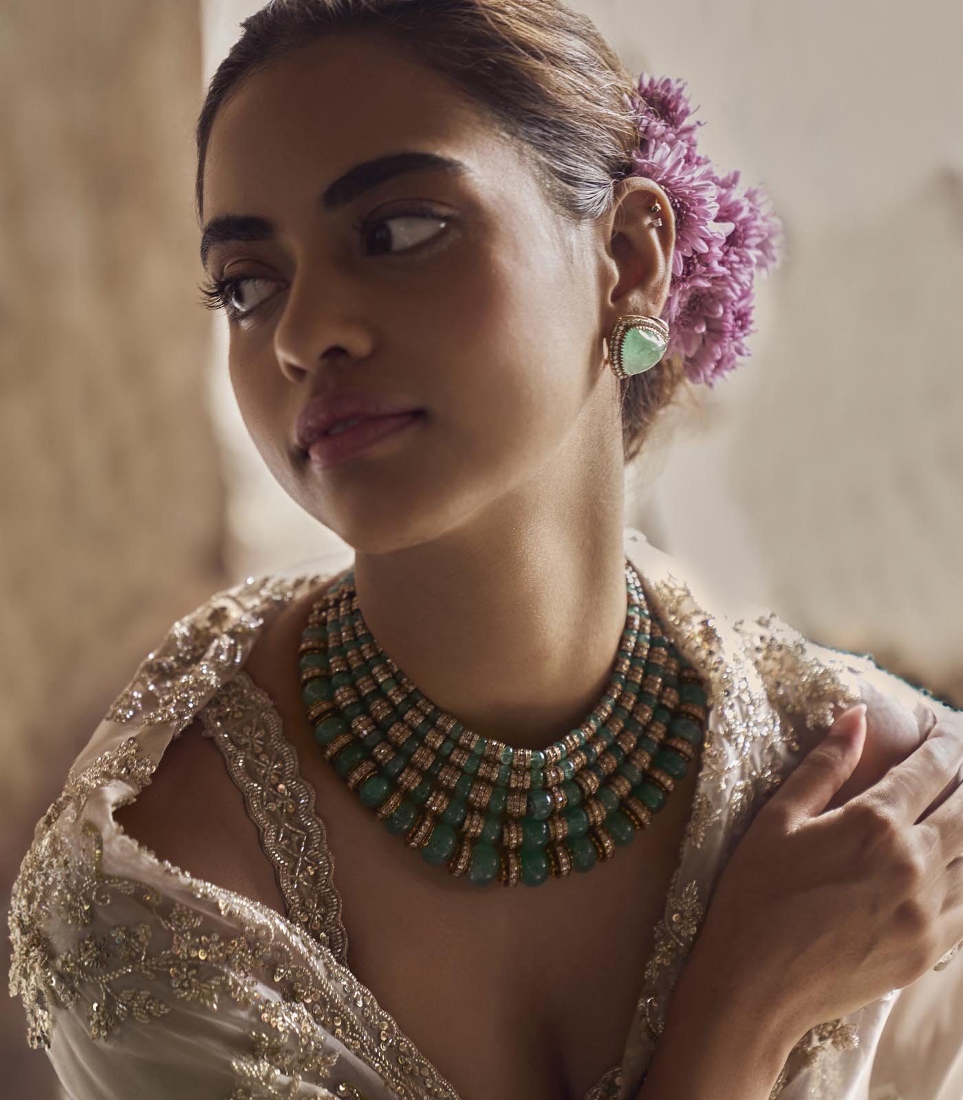 Ivory Embellished Organza Lehenga Set (3-Piece) - Image 3