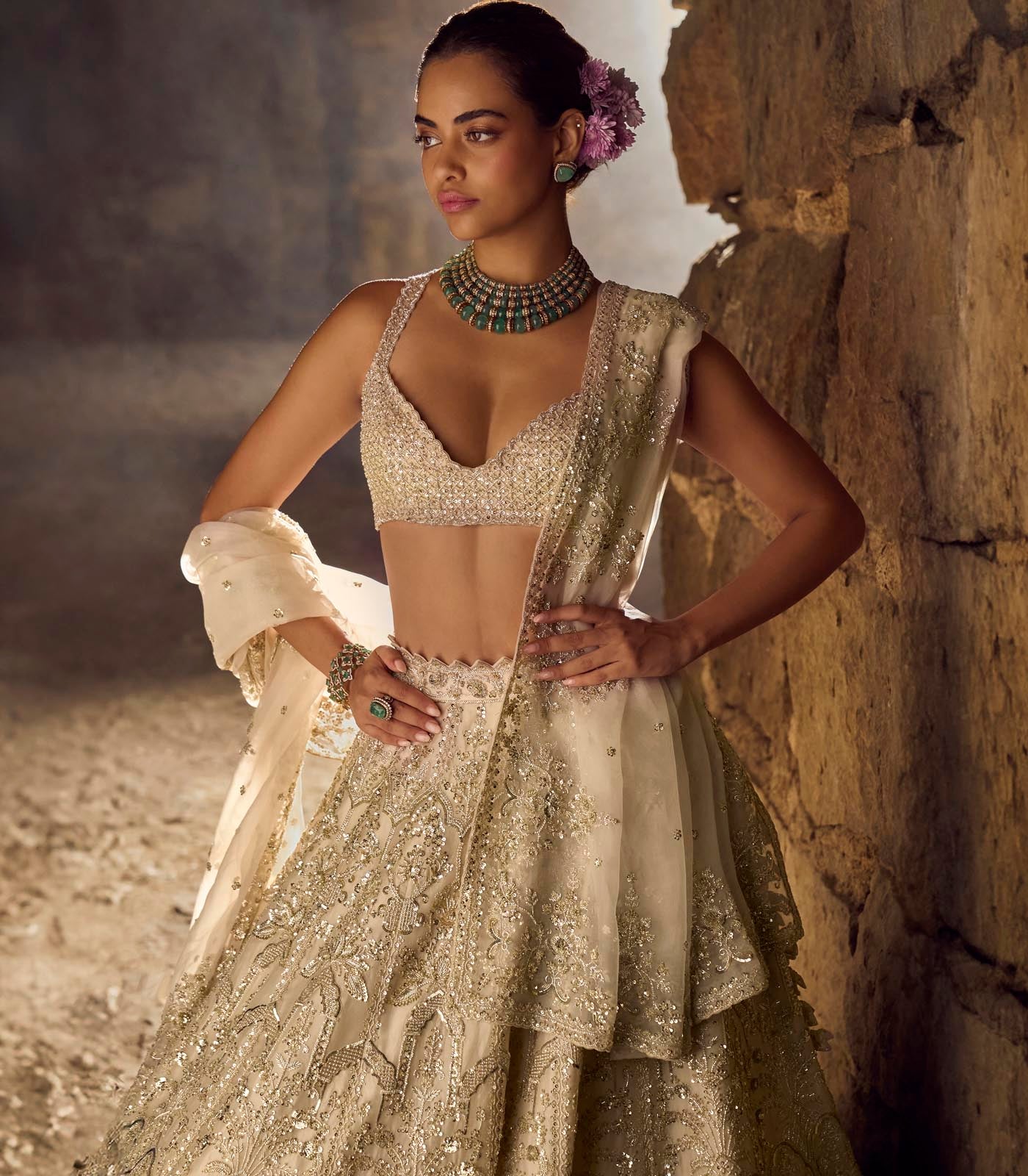 Ivory Embellished Organza Lehenga Set (3-Piece) - Image 4